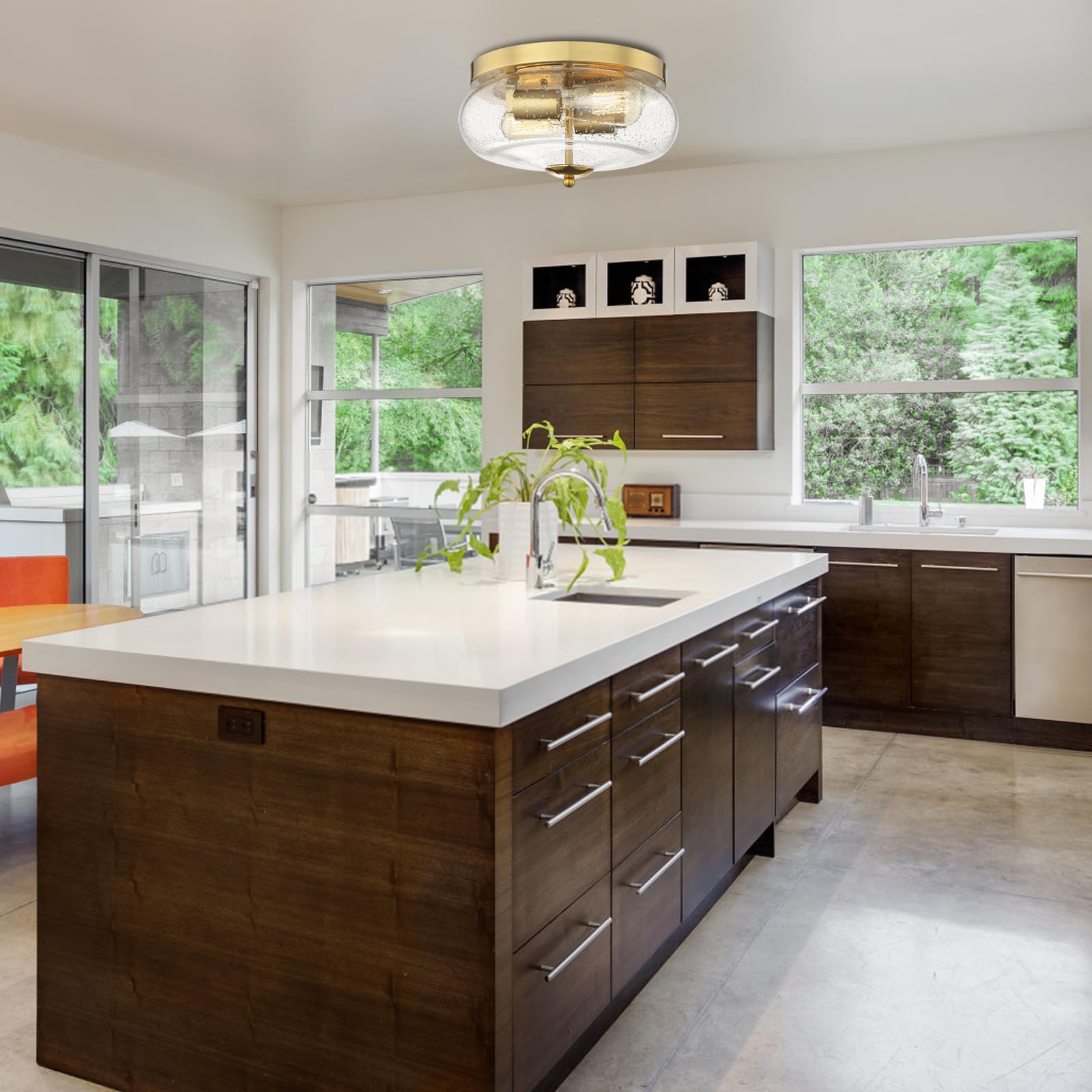 Darkaway Ceiling Light Fixture, Flush Mount, Seeded Glass Shade, 11 inch, Gold, Model 6T1F