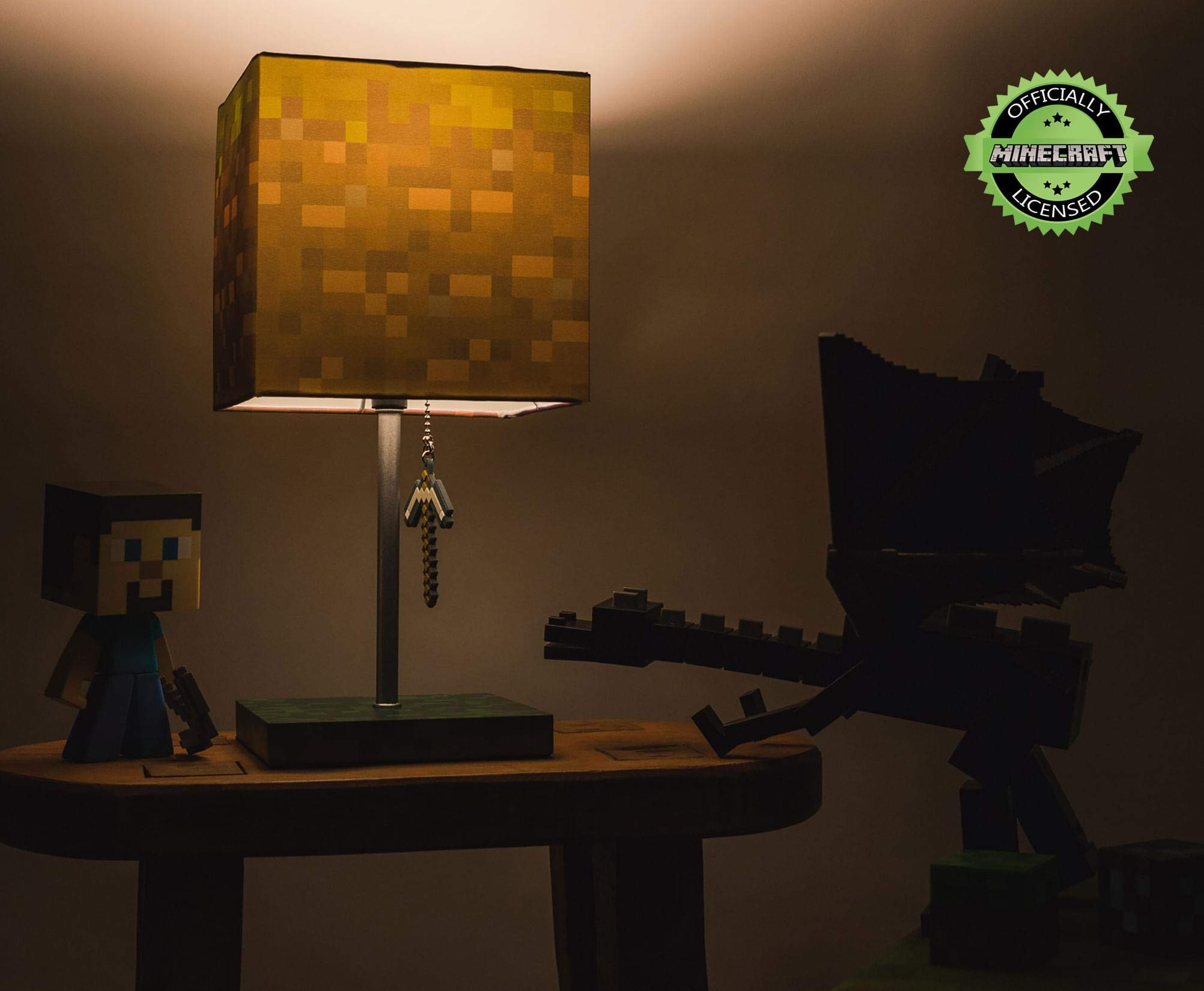 Ukonic Minecraft Grass Block Desk Lamp With Pickaxe 3D Puller | Led Light Bedside Table Lamp | Video Game-Themed Room Essentials | Home Decor Accessory | 14 Inches Tall
