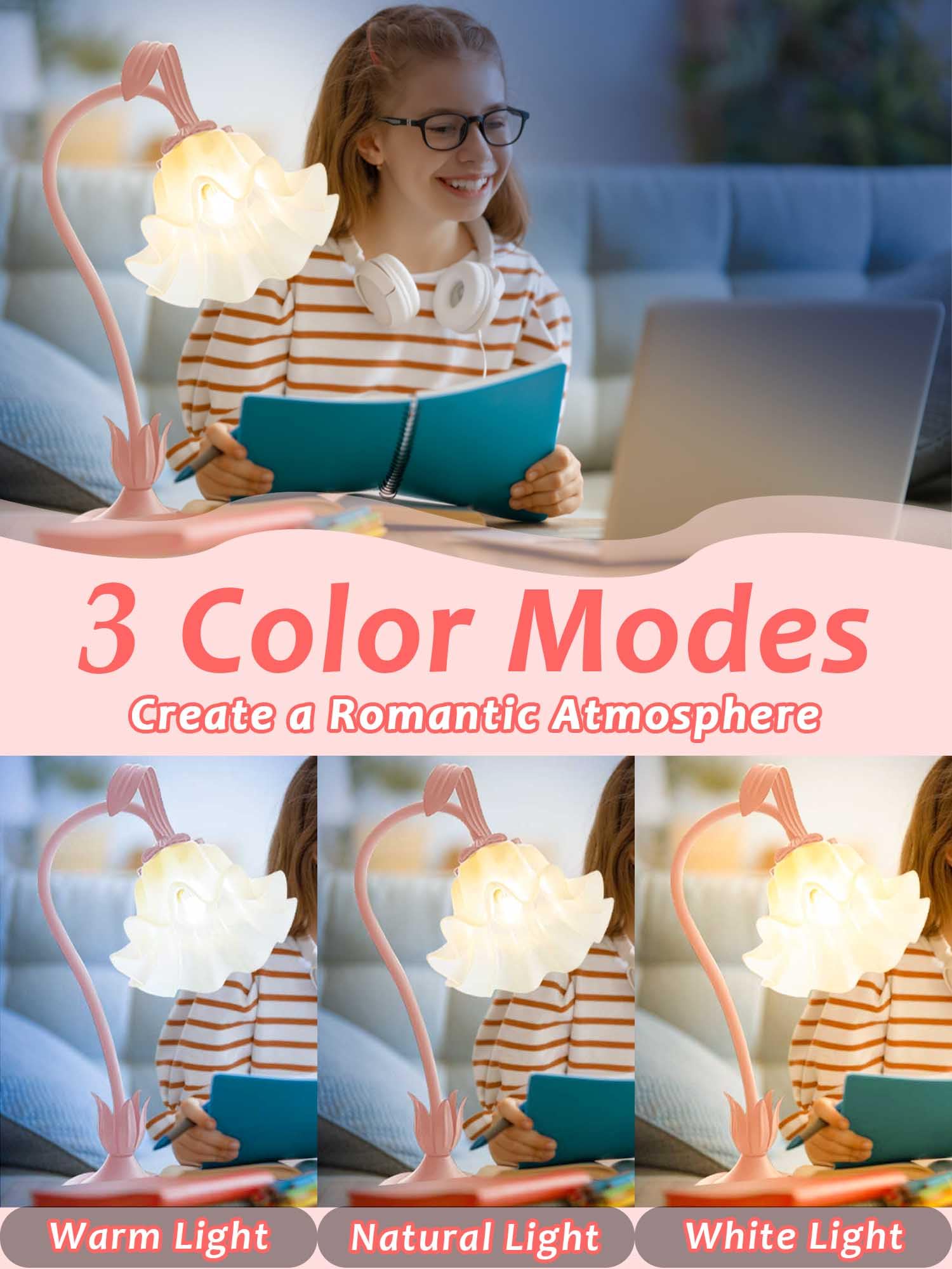 AQDZCNF Flower Table Lamp, LED Night Light, 3 Color Modes, 5.9in D x 5.9in W x 19in H, Pink, Model MN-Q
