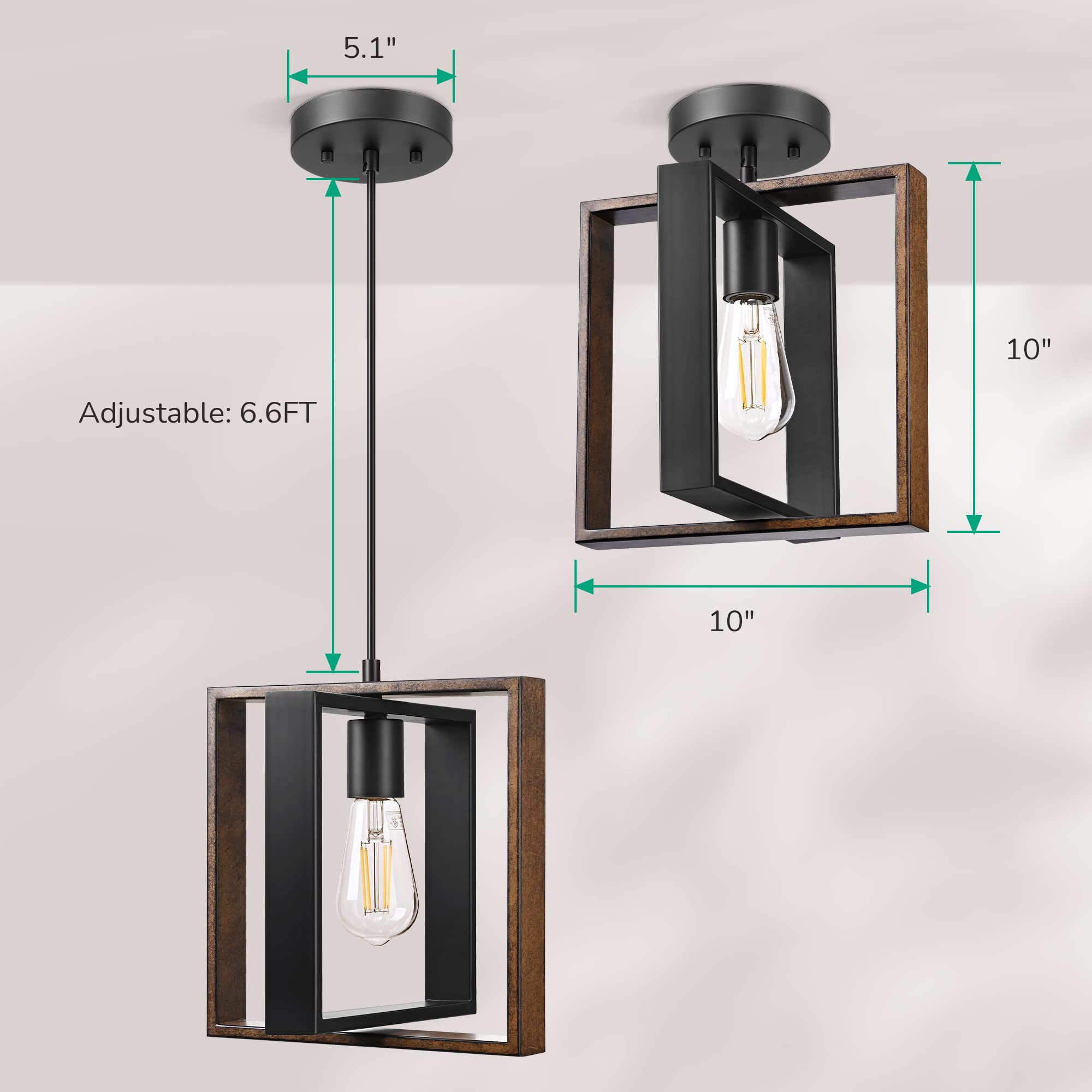 EDISHINE Farmhouse Pendant Light, Rustic Black & Wood Finish, Adjustable Cord, Model HHPL08C for Kitchen, Dining, Hallway