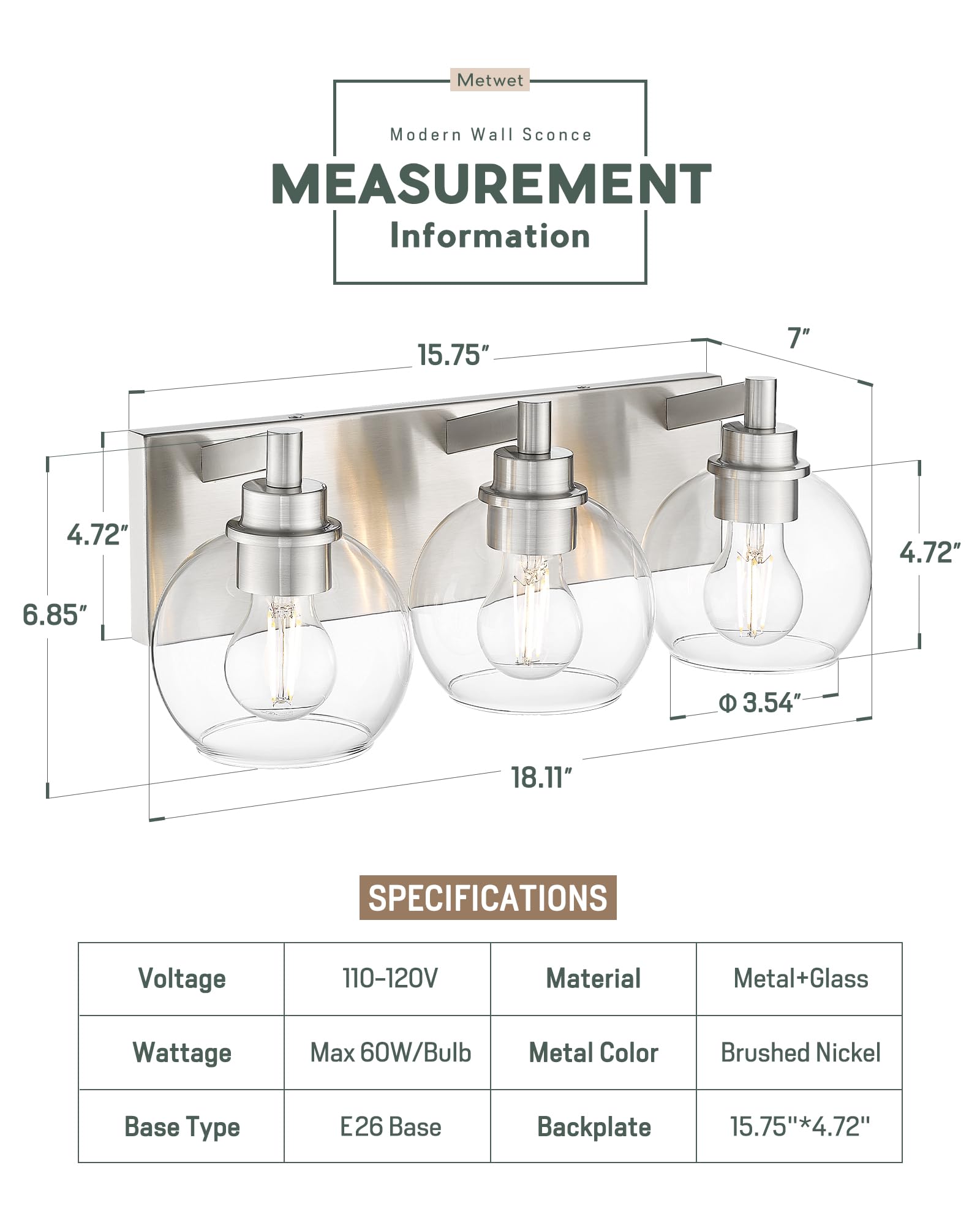 Metwet Bathroom Light Fixtures, 3-Light Brushed Nickel Vanity Light, Modern Wall Sconces With Globe Clear Glass Shade, Vanity Li