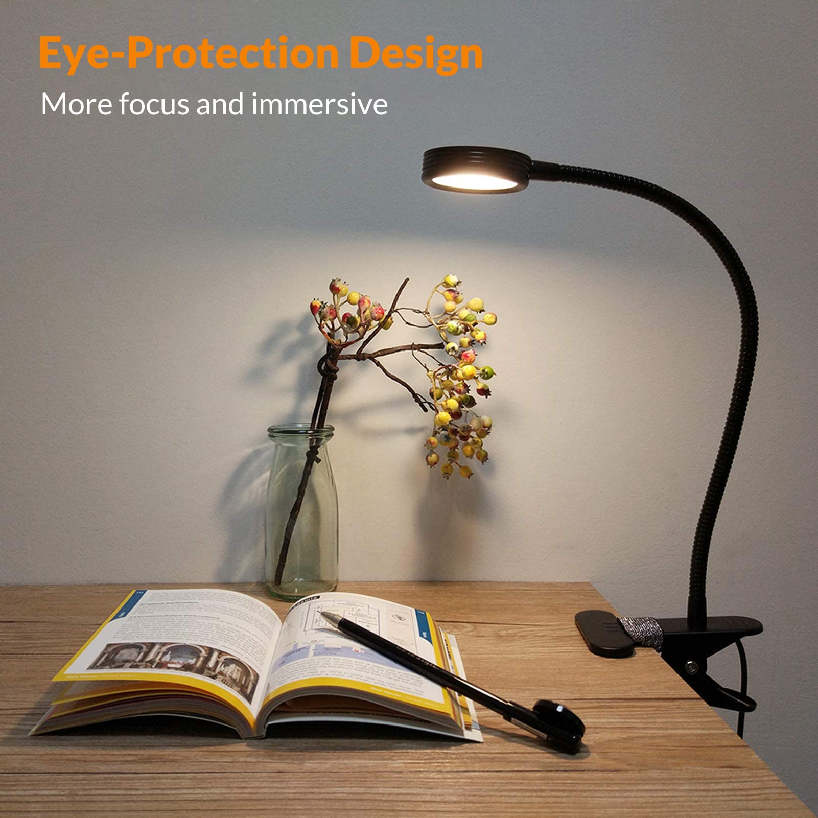 LEPOWER Clip-On Desk Lamp, Color Changeable, 11x7.5x48.5cm, Black, Silicone Rubber & Metal, Model 908A-03, Adapter Included