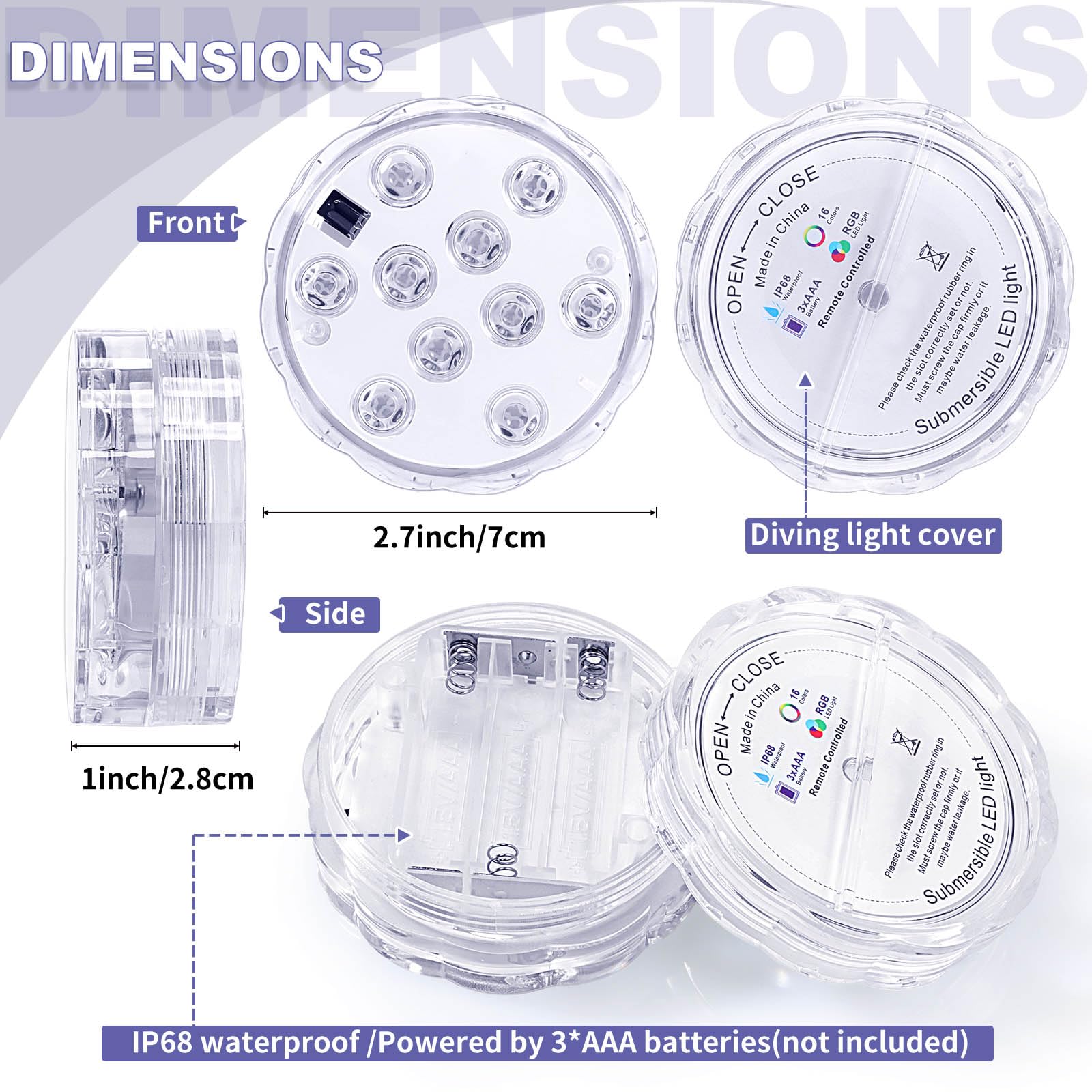 Mudder 12 Pack Submersible LED Lights, Remote Waterproof Bathtub Lamp, 16 Color Changing, for Pool, Pond, Aquarium, Model CL-Mudder-425602, Multicolor