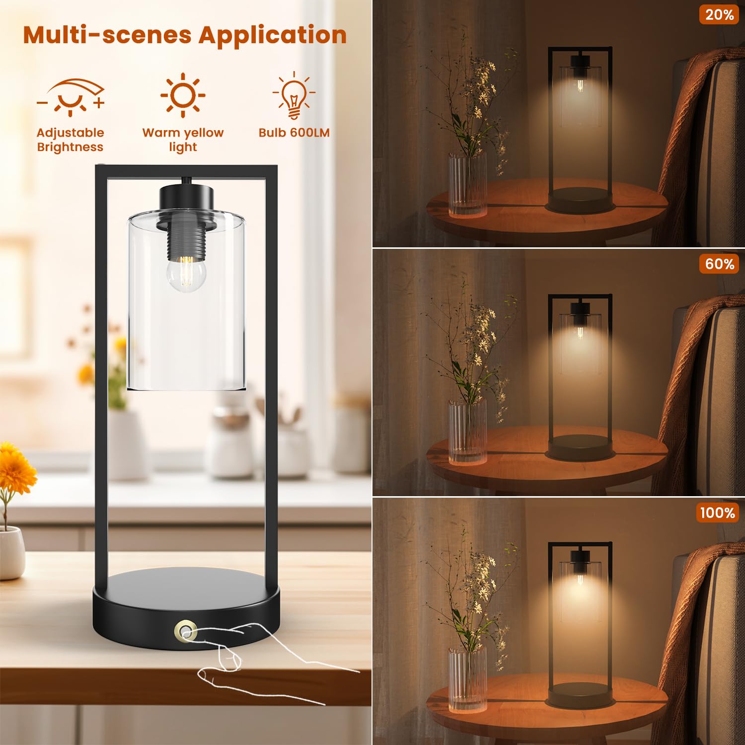 Battery Operated LED Touch Cordless Table Lamp Small 6000mAh Gradient Rechargeable Dimmable Table Lamp with Memory Function for