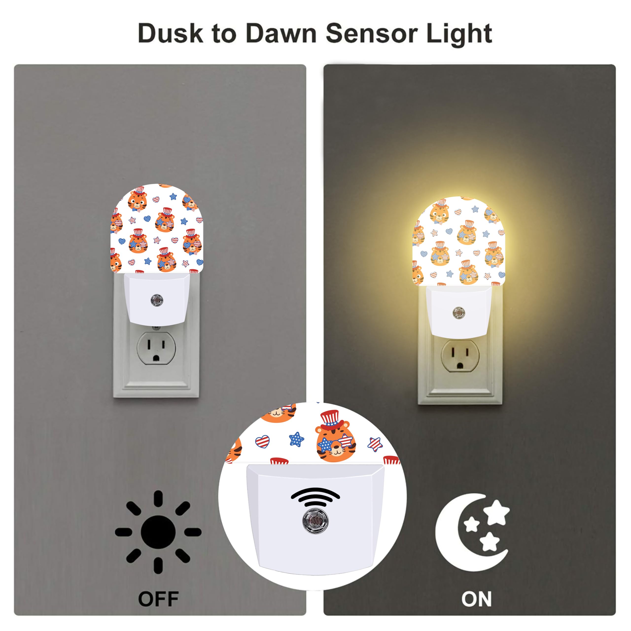 American Flag And Cute Tigers Night Light Plug Into Wall, Cartoon Animals Patriotic Dusk To Dawn Night Light,0.5W Energy Saving