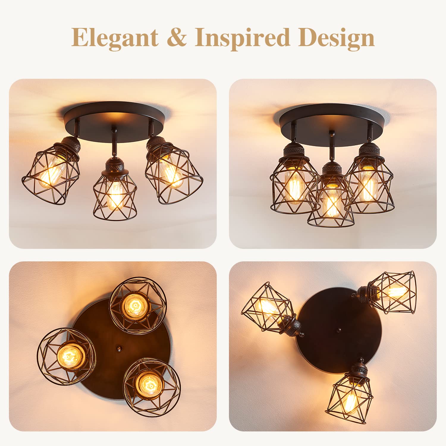 ABEAJAT 3-Light Adjustable Semi Flush Mount Ceiling Light Fixture, Black Metal, Multi-Directional for Kitchen, Dining Room, Hallway