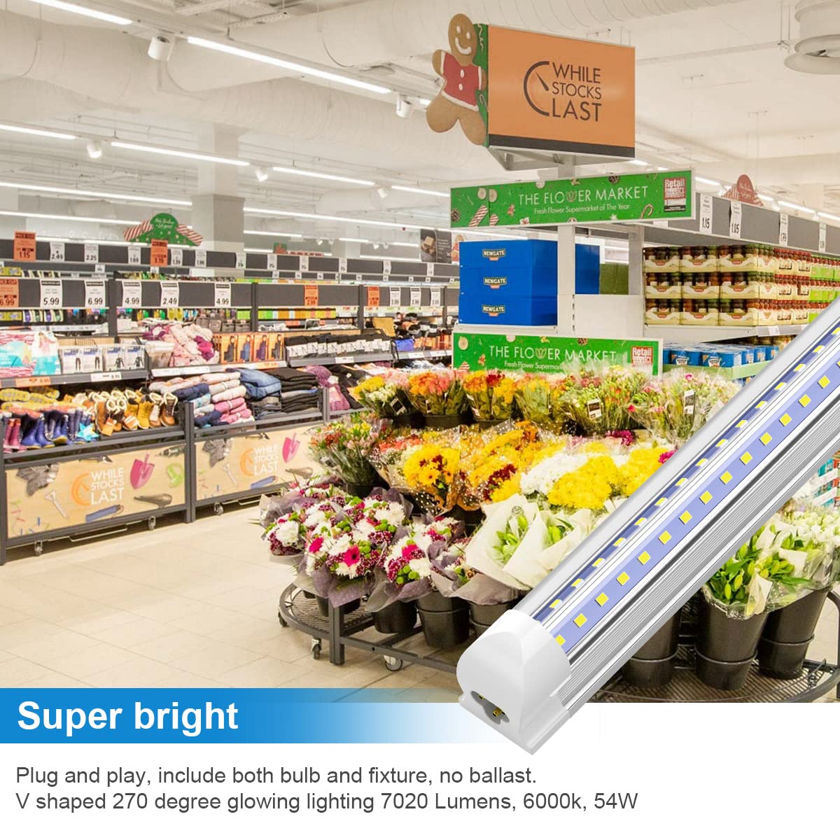 Shopled 6Ft Led Shop Light, 54W 7020Lm, Cool White V Shape, Linkable T8,