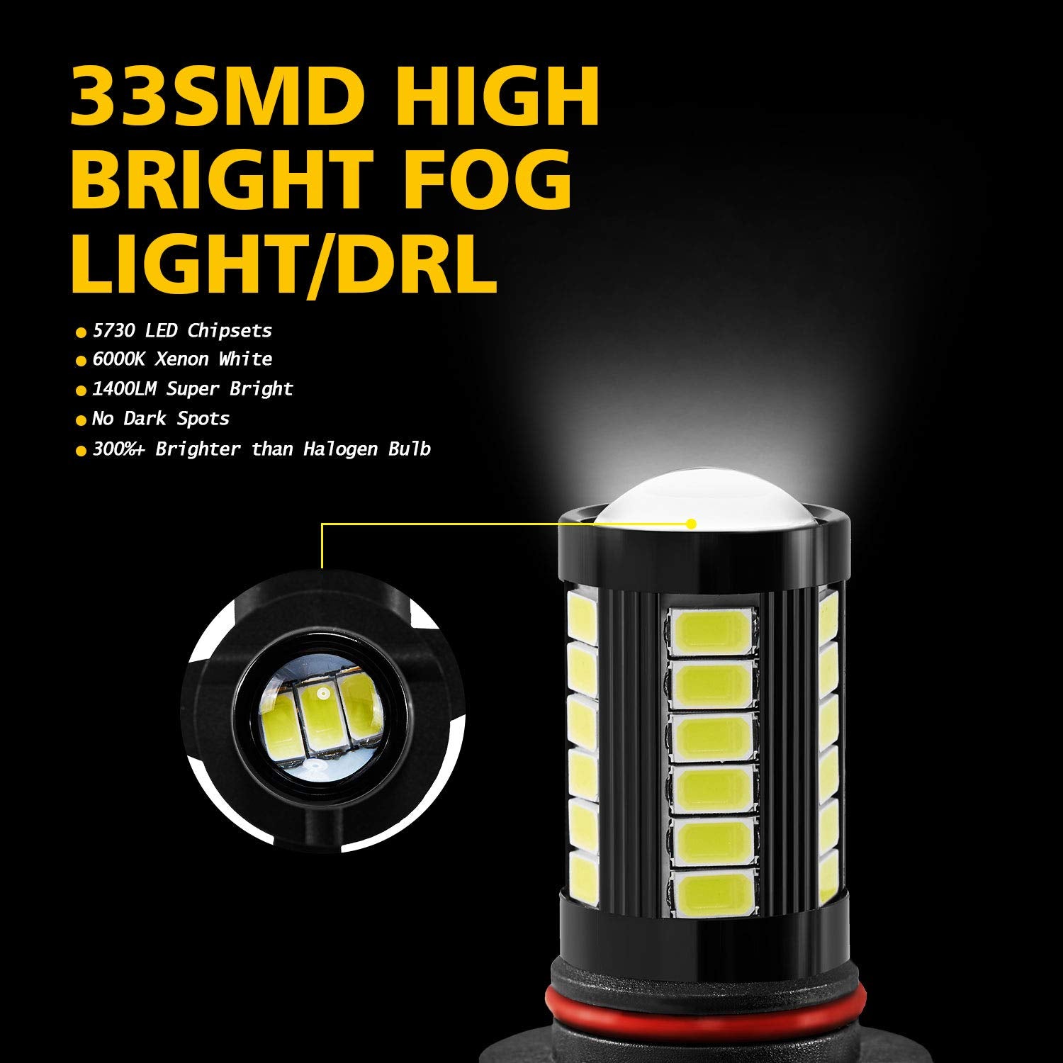 AUXLIGHT LED Fog Light Bulbs 6000K Xenon White 2800 Lumens 9006 Model AUX-9006-33SMD-2W (Pack of 2)