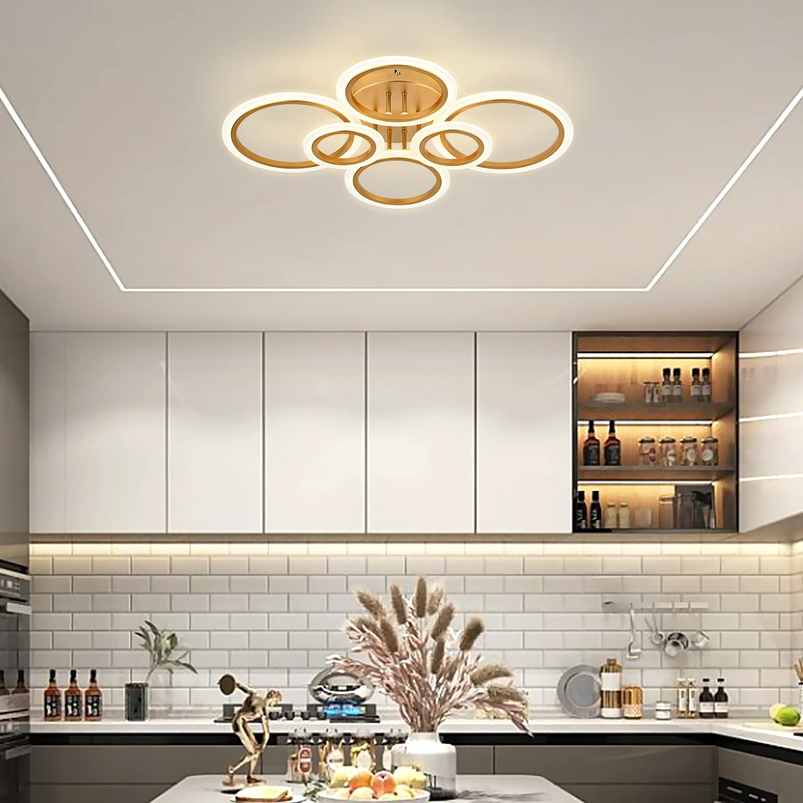 Teminbu Modern Led Ceiling Light, Gold 6 Rings Flush Mount Ceiling Light, 4000K Lighting Fixture Ceiling Lamp For Kitchen, Bedroom, Living Room, Laundry Room