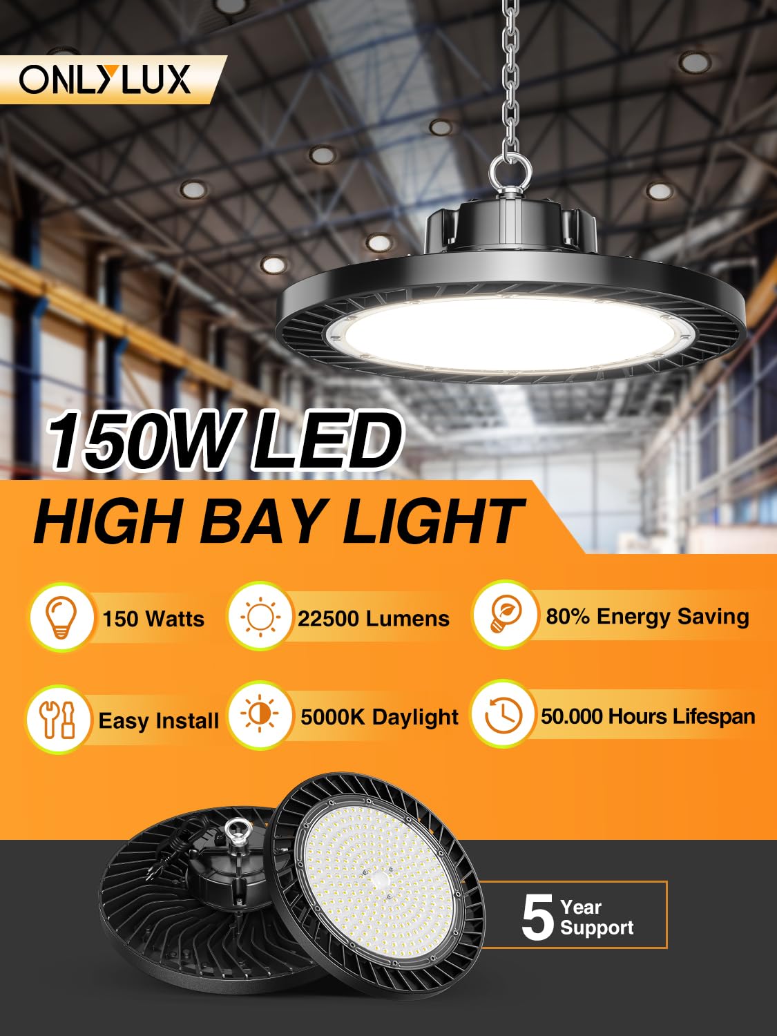 ONLYLUX UFO LED High Bay Lights 150W 6 Pack, 5000K Super Bright Daylight, Aluminum, Model OL-BL5K-6P-150