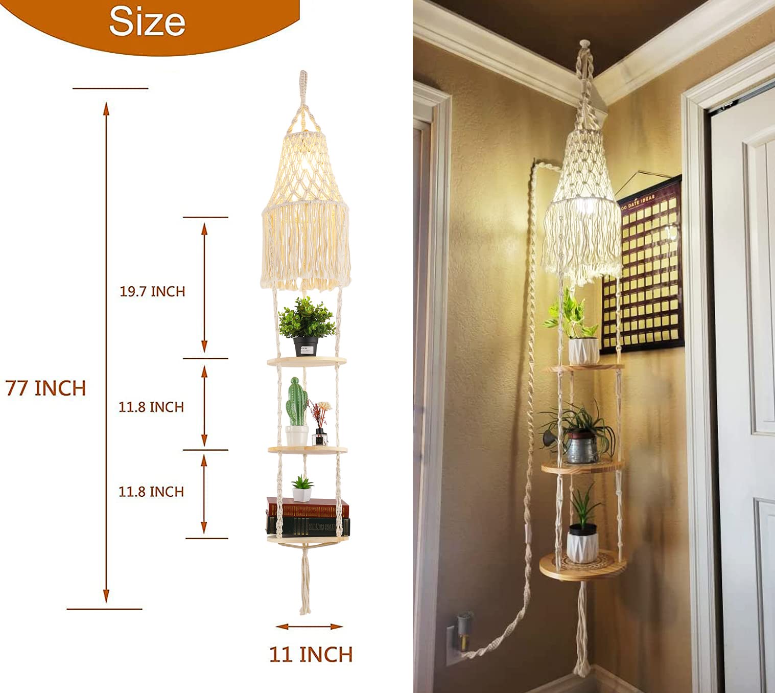 QIYIZM Boho Pendant Light with Dimmable Switch, Macrame Shade, White Hanging Lamp for Bedroom & Living Room Decor