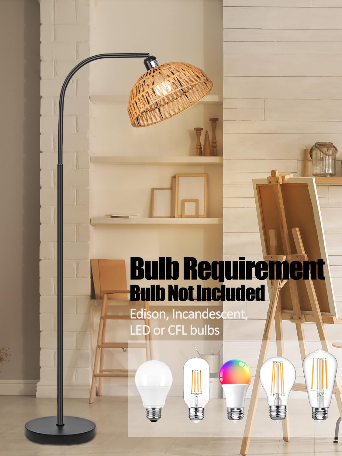 Farmhouse Rattan Floor Lamp, Black Rustic Tall Floor Lamp, Boho Floor Lamps With Hanging Adjustable Hand-Worked Rattan Shade, Foot Switch, Black Pole Lamps For Living Room (Bulb Not Included)
