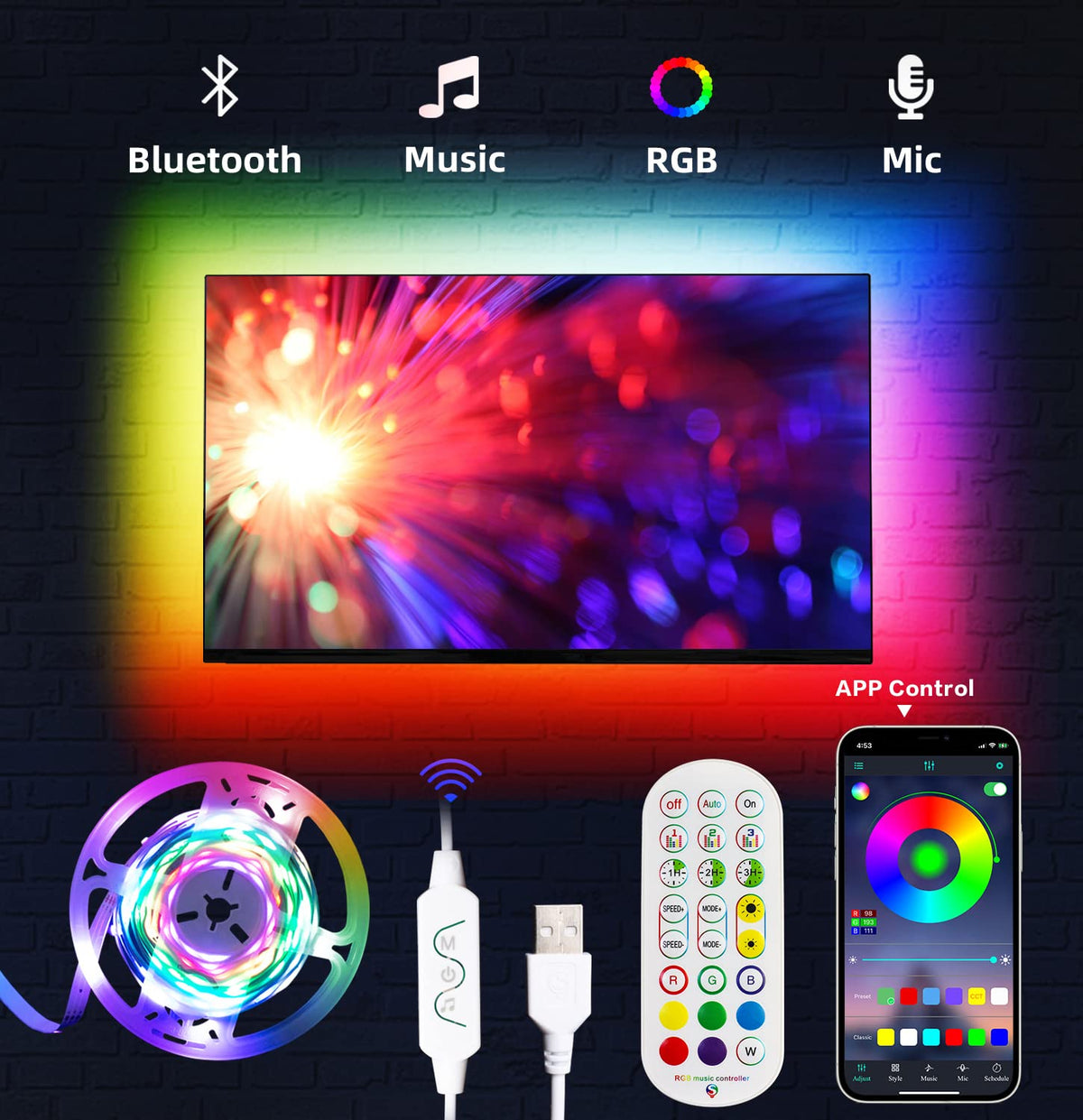 Daymeet Led Lights For Tv, 9.8Ft Led Backlight Tv Lights Rgb Led Tv Lights For 32-60Inch Tv Usb Led Strip Lights For Tv Led Ligh