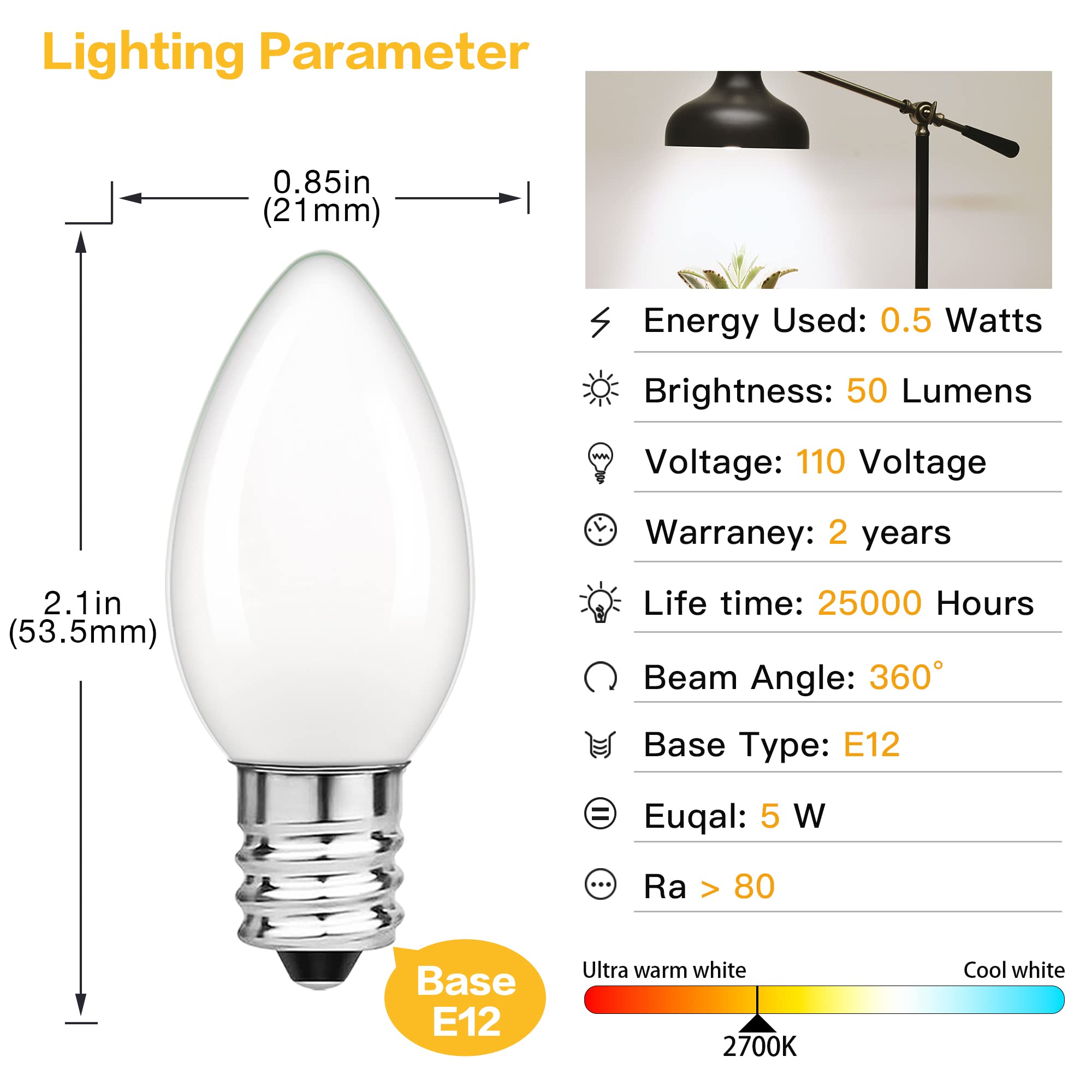 Grensk Shatterproof & Waterproof C7 Replacement Led Light Bulbs 0.5W Equivalent 5W Non Dimmable Warm White 2700K Milky Outdoor S