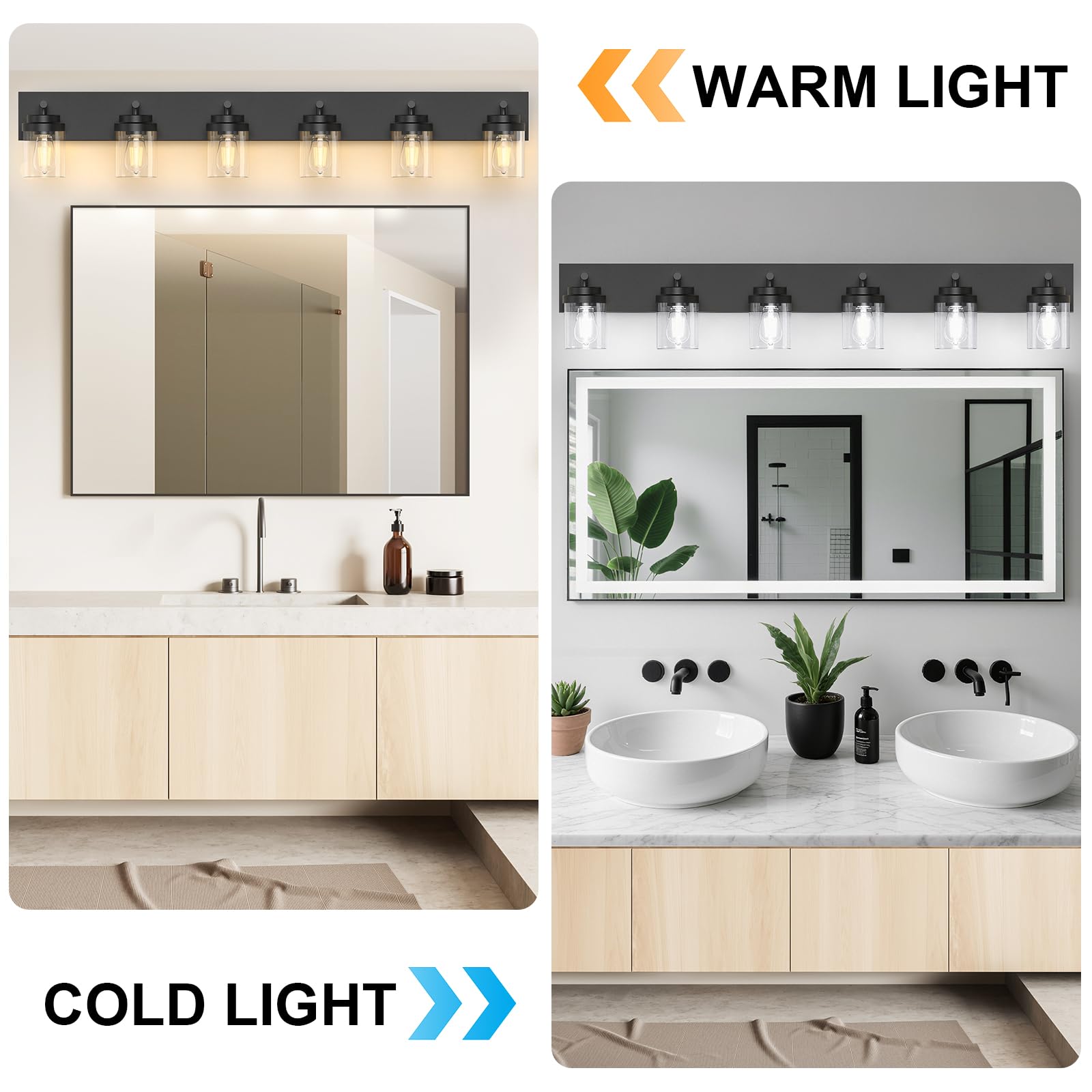 Izorro Bathroom Vanity Light Fixture  6-Light 43 Inch Matte Black Bathroom Light Fixtures Over Mirror  With Clear Glass Shade  Modern Farmhouse Vanity Lights  Rustic Restroom Lighting Fixtures