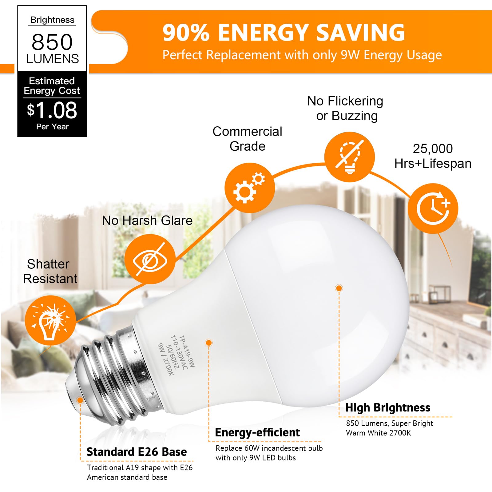 Maylaywood A19 Led Light Bulbs, 60 Watt Equivalent, 2700K Warm White, 850Lm, Non-Dimmable, E26 Base, 9W Bright White Led Bulb, 4
