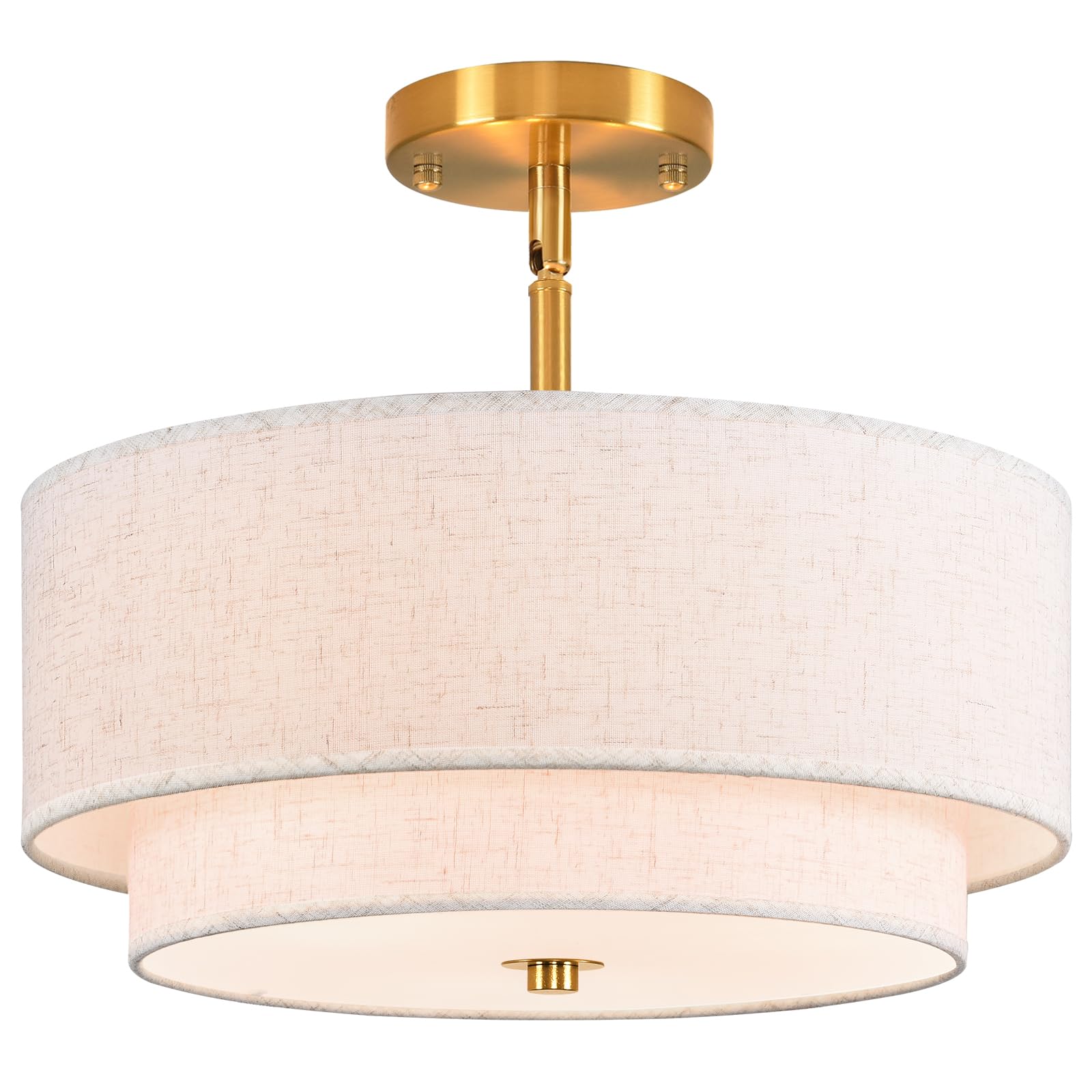 HPKVORP 16 Semi Flush Mount Ceiling Light, Gold 3 Light Double Drum Fabric Lampshade Lighting Fixture for Living Room, Bedroom, 