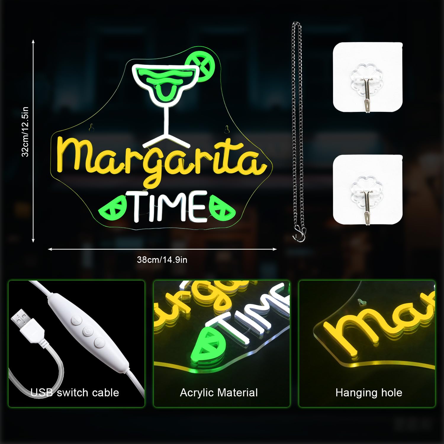 Lucunstar Margarita Time Neon Sign For Wall Decor Margarita Led Signs Usb Dimmable Neon Lights For malt-inspired Bar Kitchen Restaurant Home Pub Party Man Cave Club Shops Hotel Store Business Gift