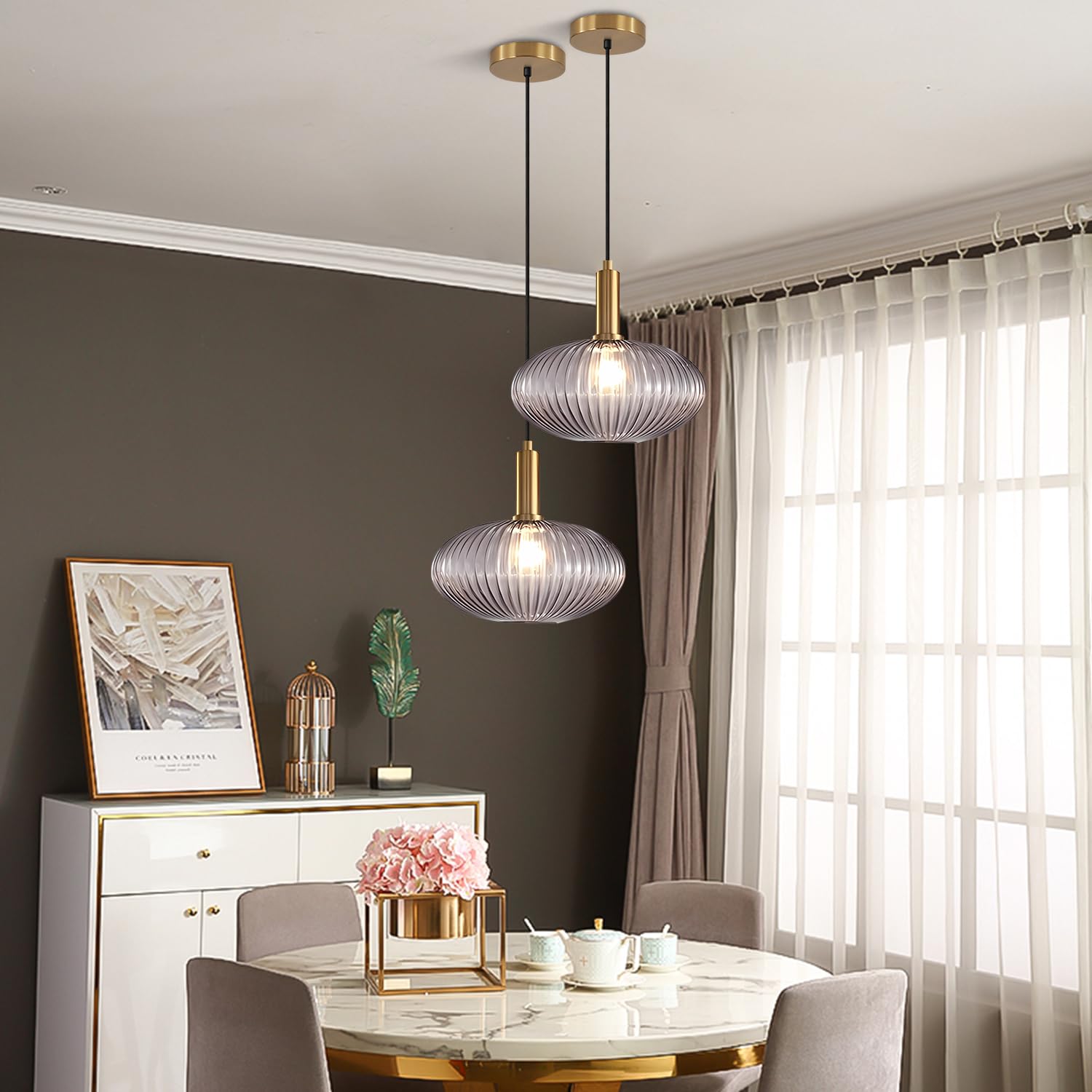 KCO Mid Century Modern Pendant Light - Smoke Gray Globe, Adjustable, Metal, 30cm, Model L1143-SG, Brass Gold Finish