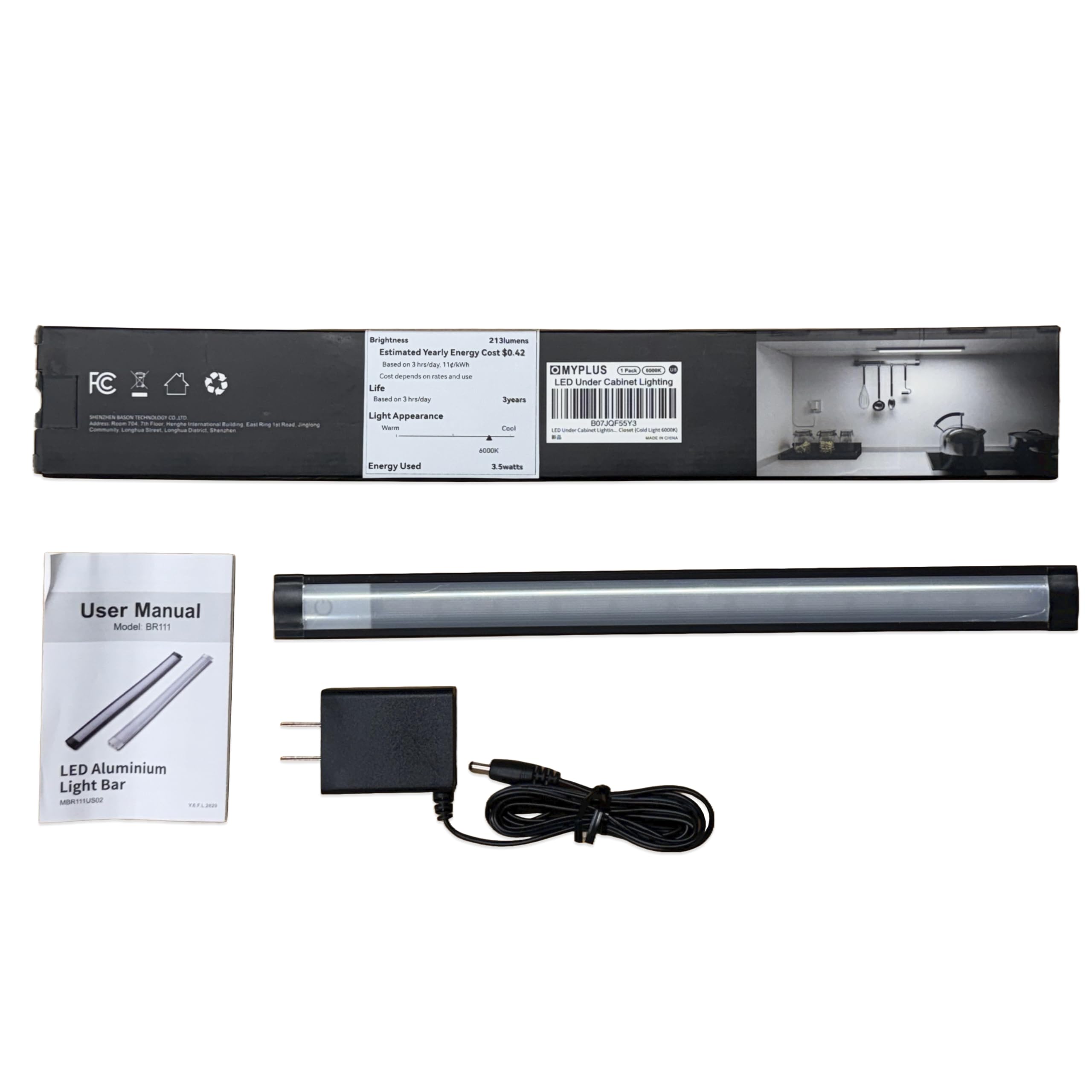 Myplus Under Cabinet Lights, 12 Dimmable Led Light Bar, Aluminum, Warm White 3000K, Plug-In, Silver Case