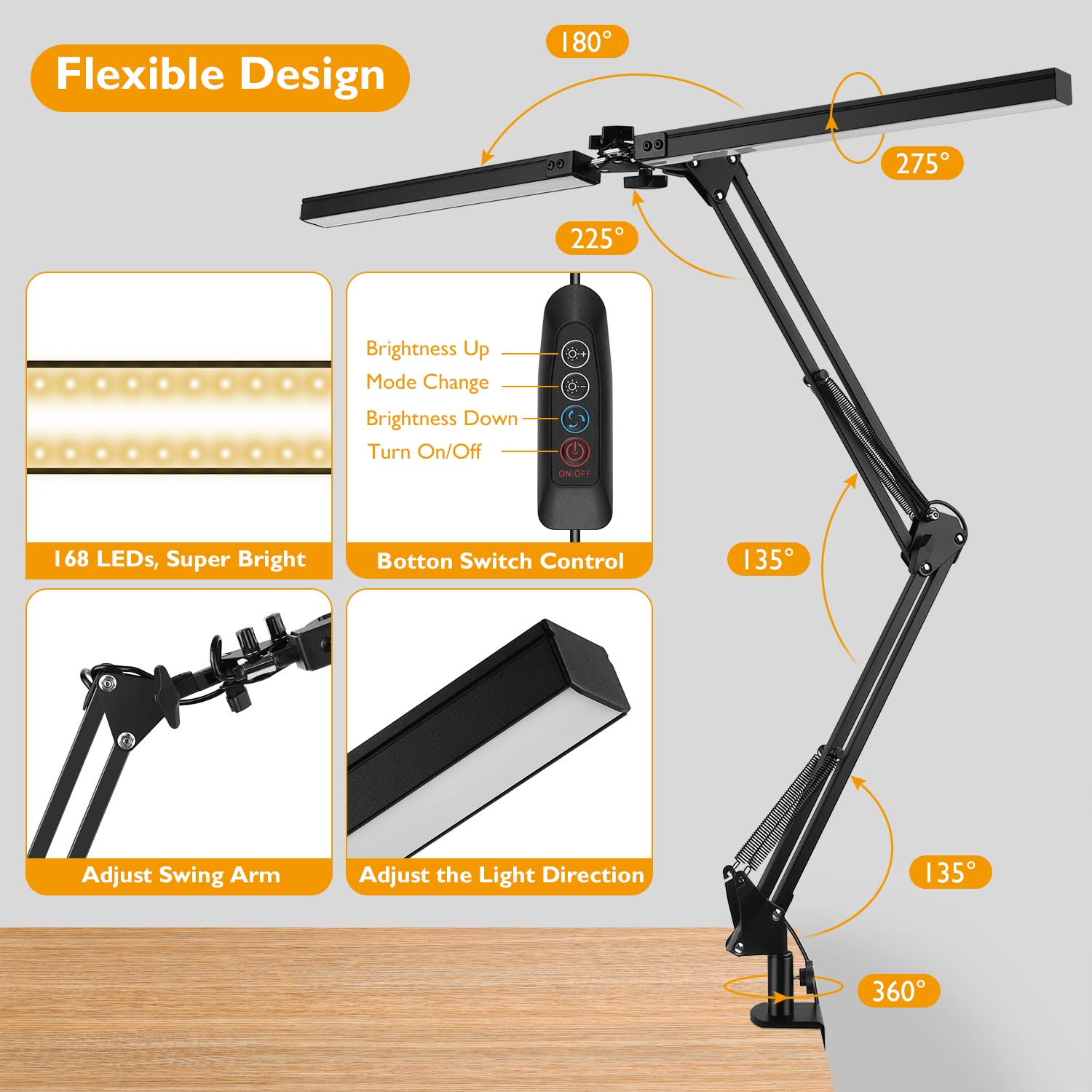 Jostic Led Desk Lamp With Clamp, 5 Color Modes, 10%-100% Dimmable, Modern Swing Arm Lighting