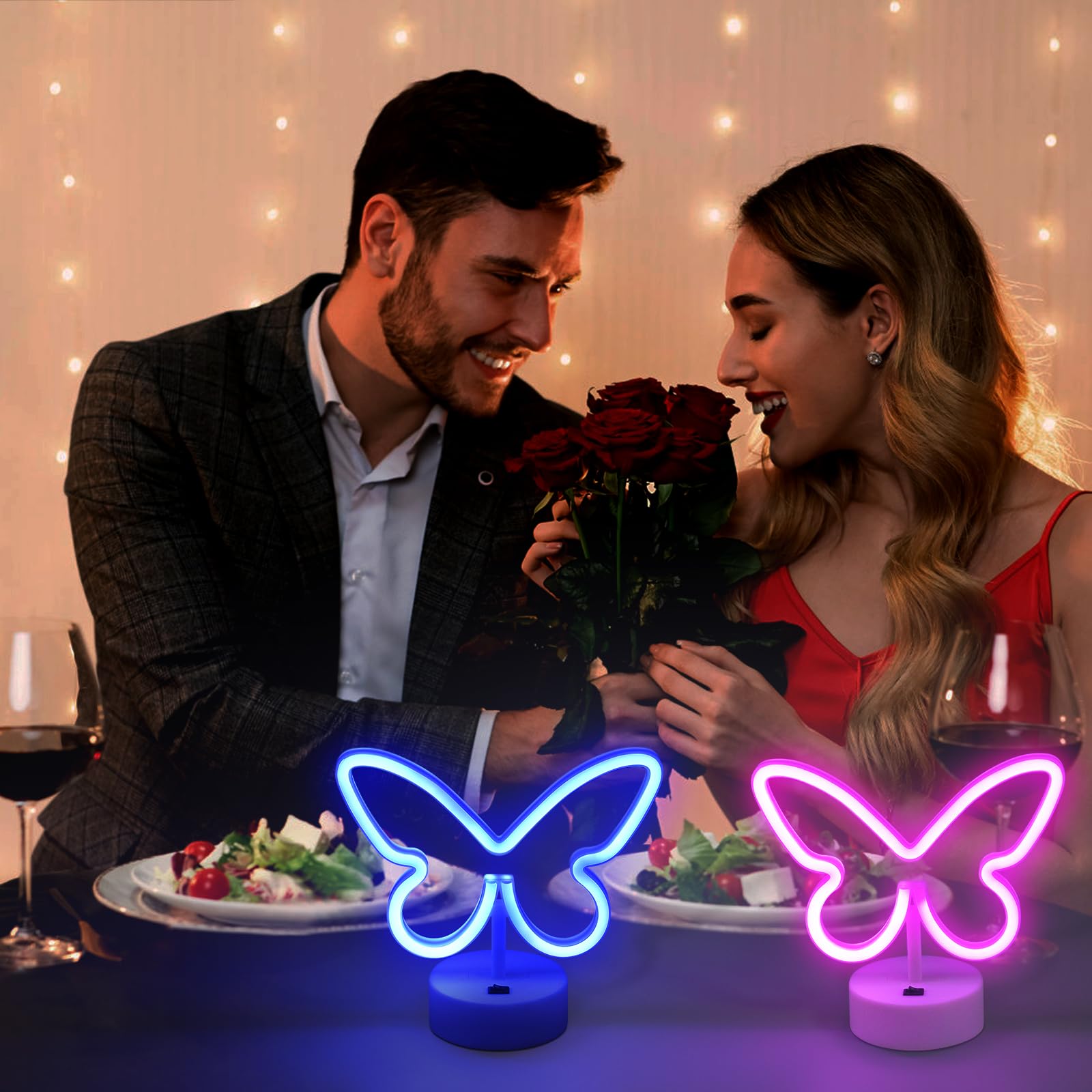 BRIGHTDECK LED Butterfly Neon Sign, Pink & Blue, Battery/USB Powered, Home Decor for Valentines Day, Wedding, Party, Model 001