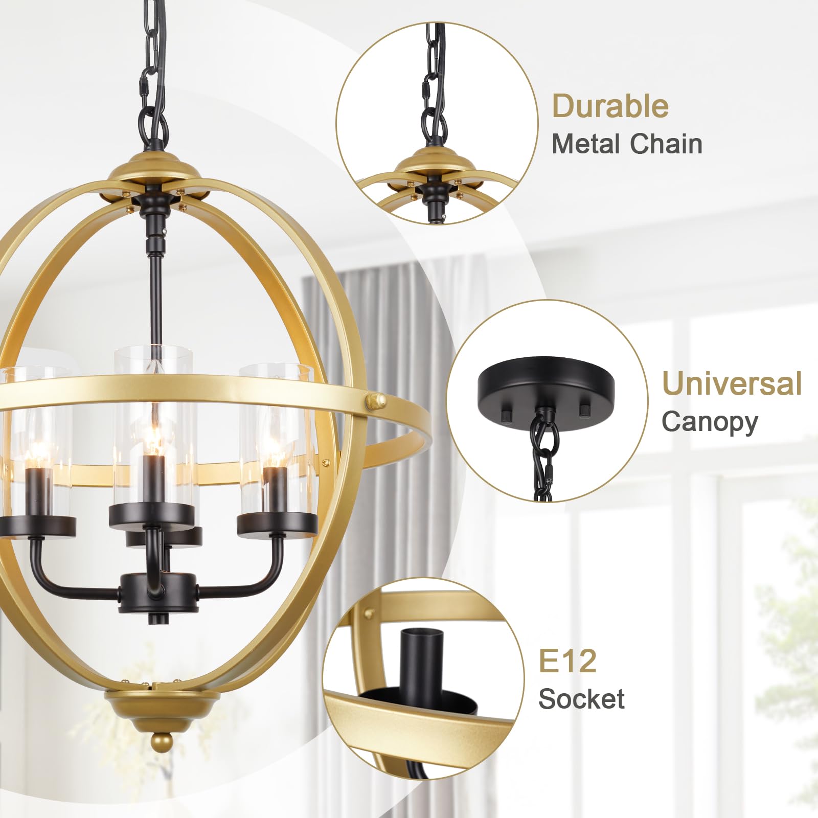 Treekee 4-Light Globe Orb Chandelier, Adjustable Modern Pendant Light, 17in  Iron, Gold