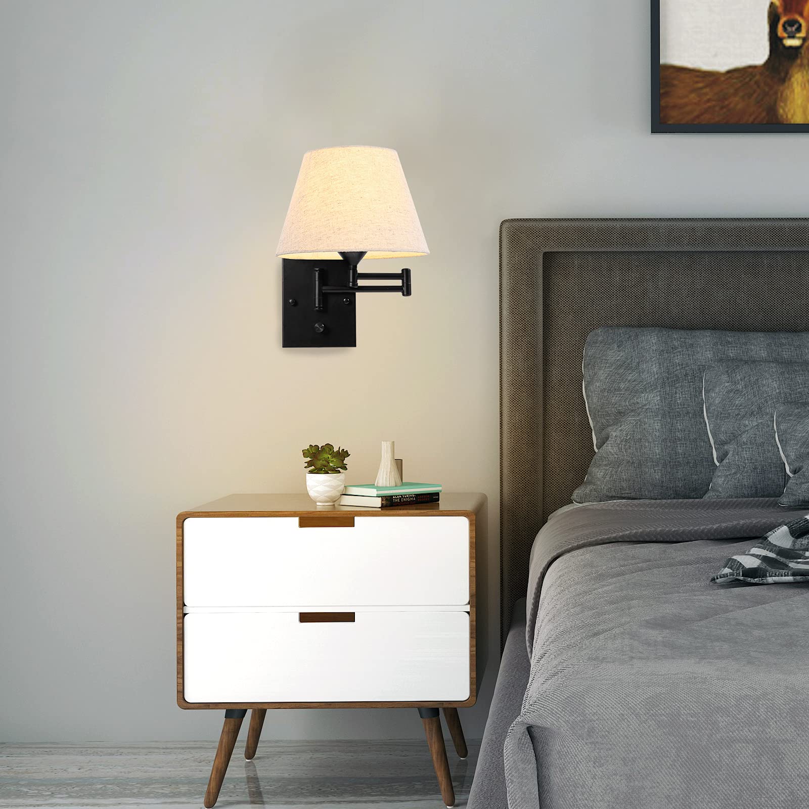 Pauwer Plug in Wall Sconce Set of 2, Swing Arm Lamp, Metal Fixture with Fabric Shade, Beige, Model Pauwer-WS2-PlugIn