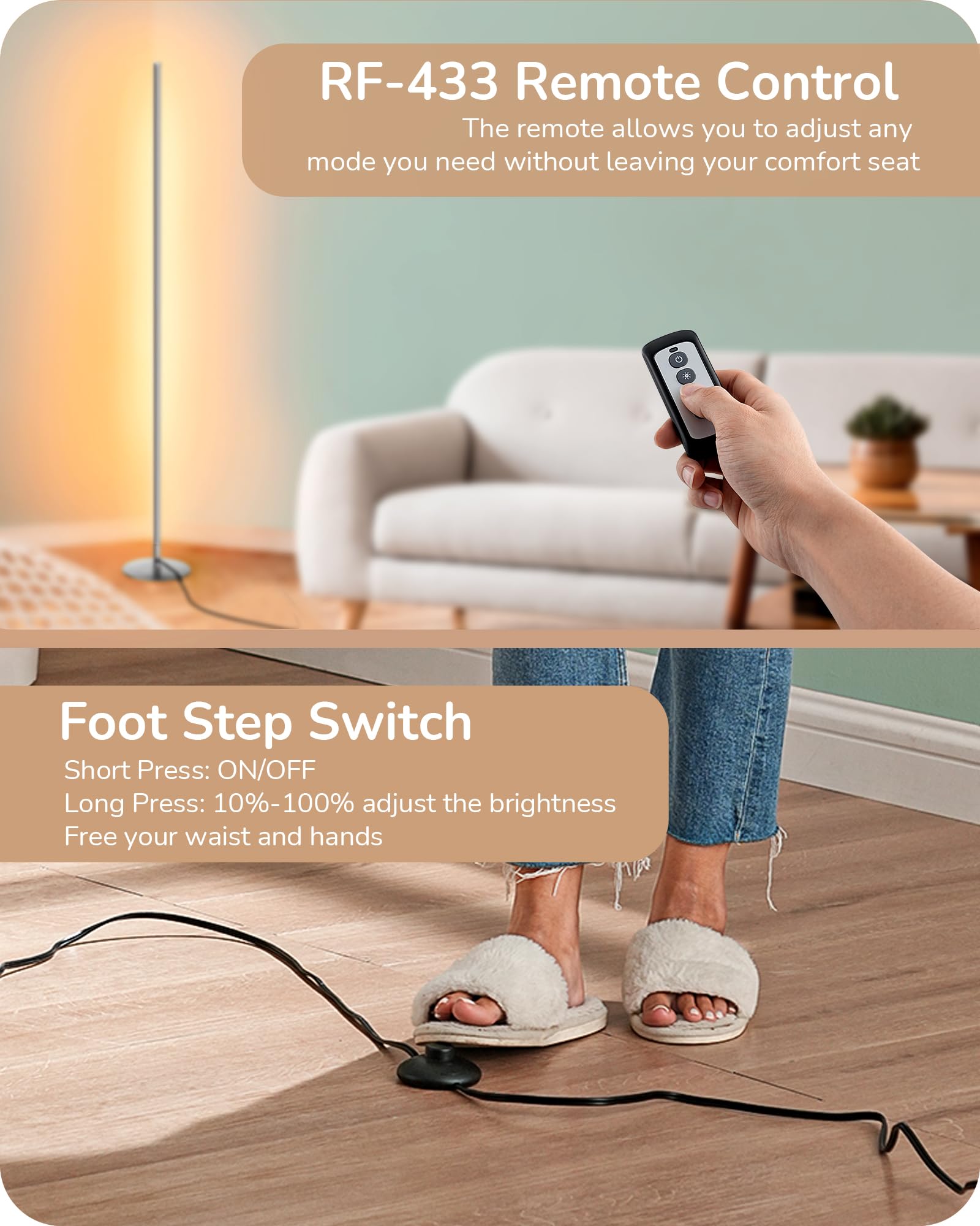 Edishine Led Corner Floor Lamp With Remote, 57.5&quot; Dimmable Slim Mood Light, Silver