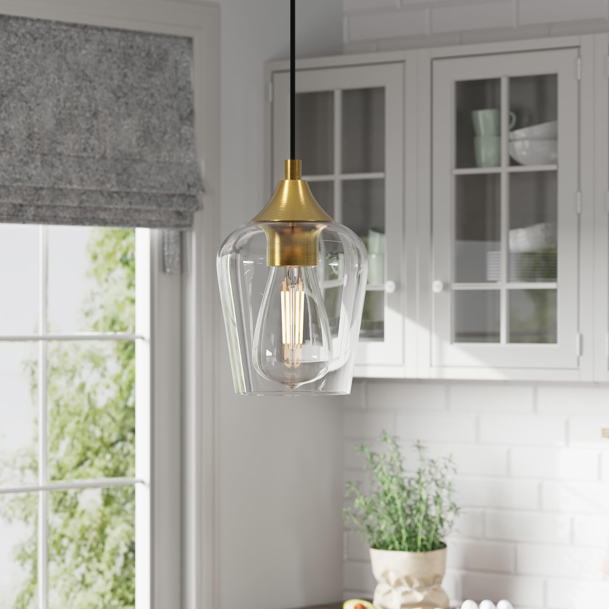 VONLUCE Pendant Lights for Kitchen Island, Brushed Gold, Metal, E26 Base, Adjustable Cable, 2 Packs, Modern Glass Shade