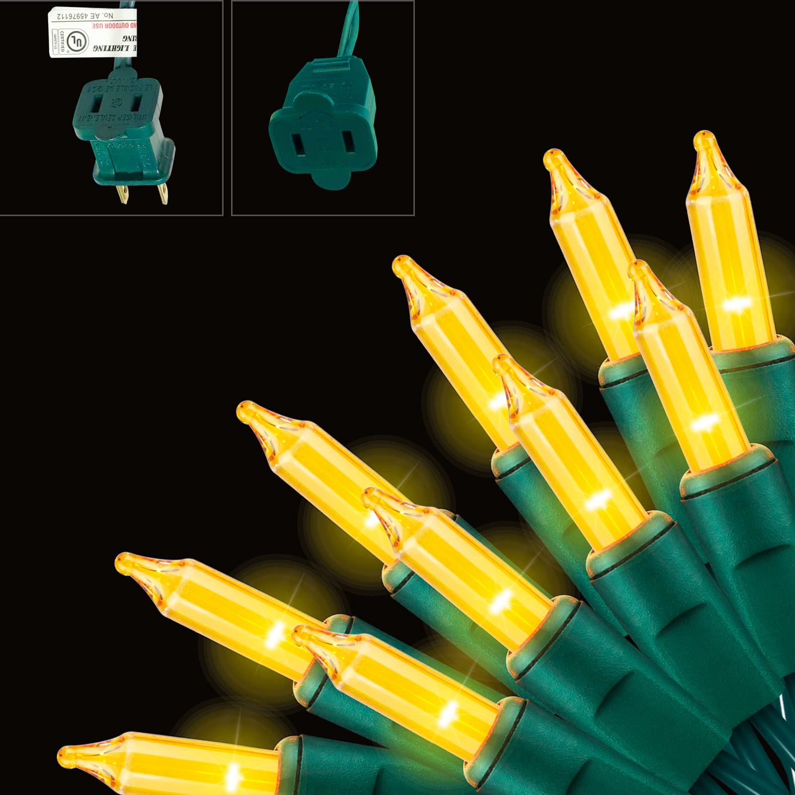 XMASHOME 19.6ft Green Wire Yellow String Lights, 100 Count Incandescent Christmas Lights (Yellow, 100 Lights)