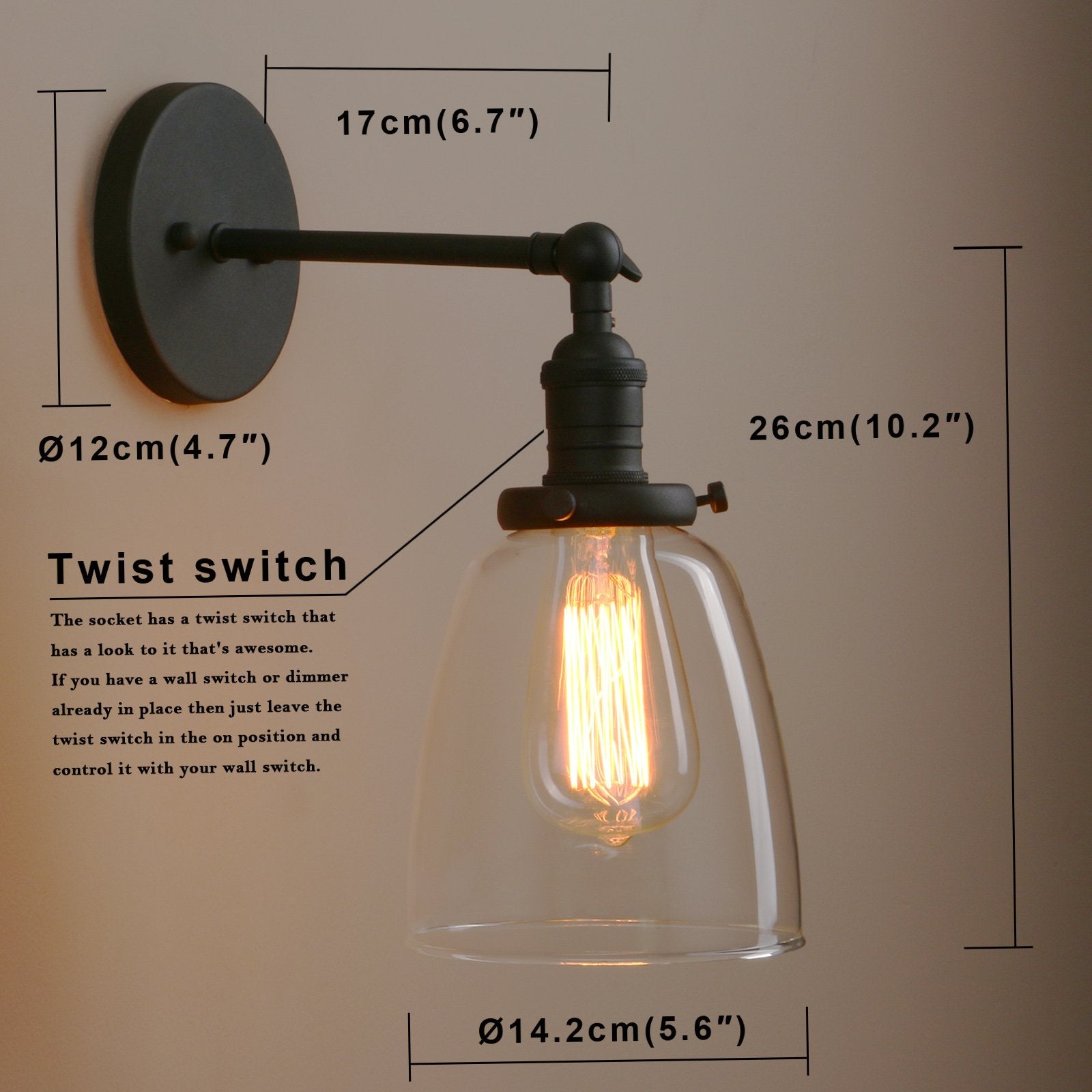 Pathson Vintage Wall Sconce, Black Glass Shade, Indoor Lighting Fixture, On/Off Switch, Model XLYT010-H