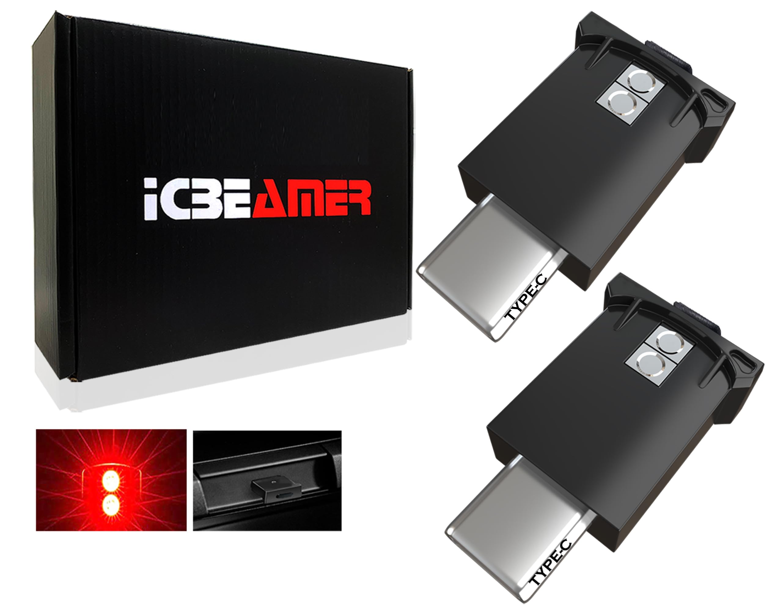 Icbeamer Type C Adapters Usb Ambient Light - 2 Pcs (Red) | Smart Interface, Miniature Led Night Lights For Car Interior, Trunk, 