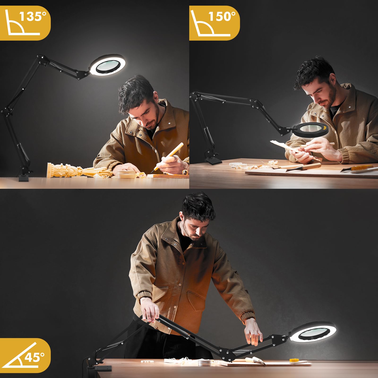 NOEVSBIG 12X Magnifying Glass Desk Lamp with Light, 34 inch Swing Arm, Black, Model NO-JM650-9C5V, Ideal for Crafting and Sewing