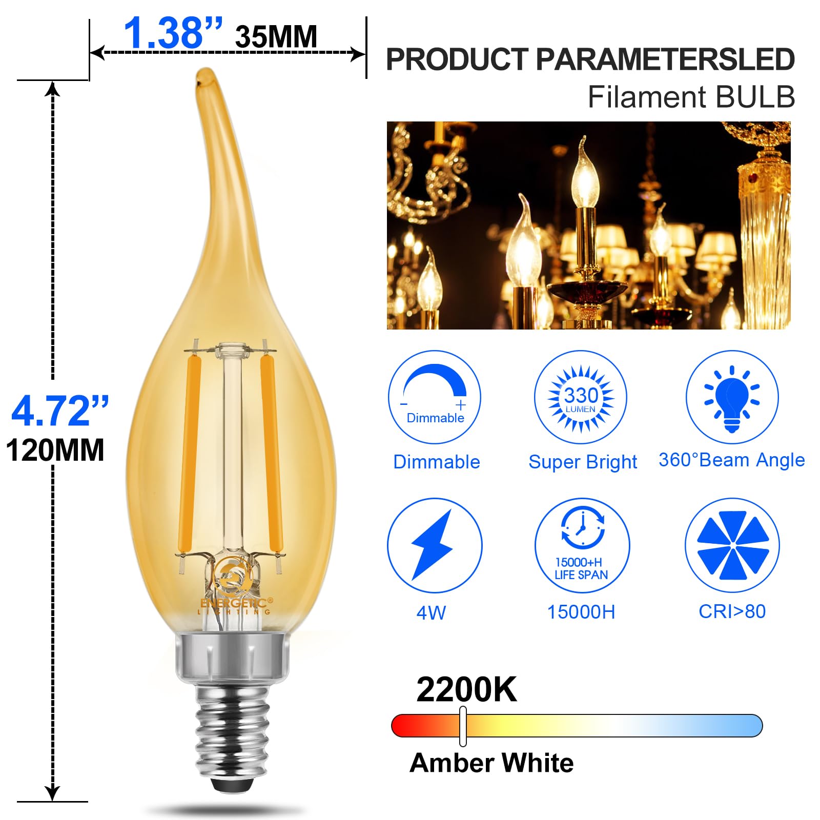 Energetic Ca11 E12 Led Chandelier Light Bulbs 40W Equivalent, Dimmable Led Candelabra Bulbs, 2200K Amber White, 330Lm, Amber Gla