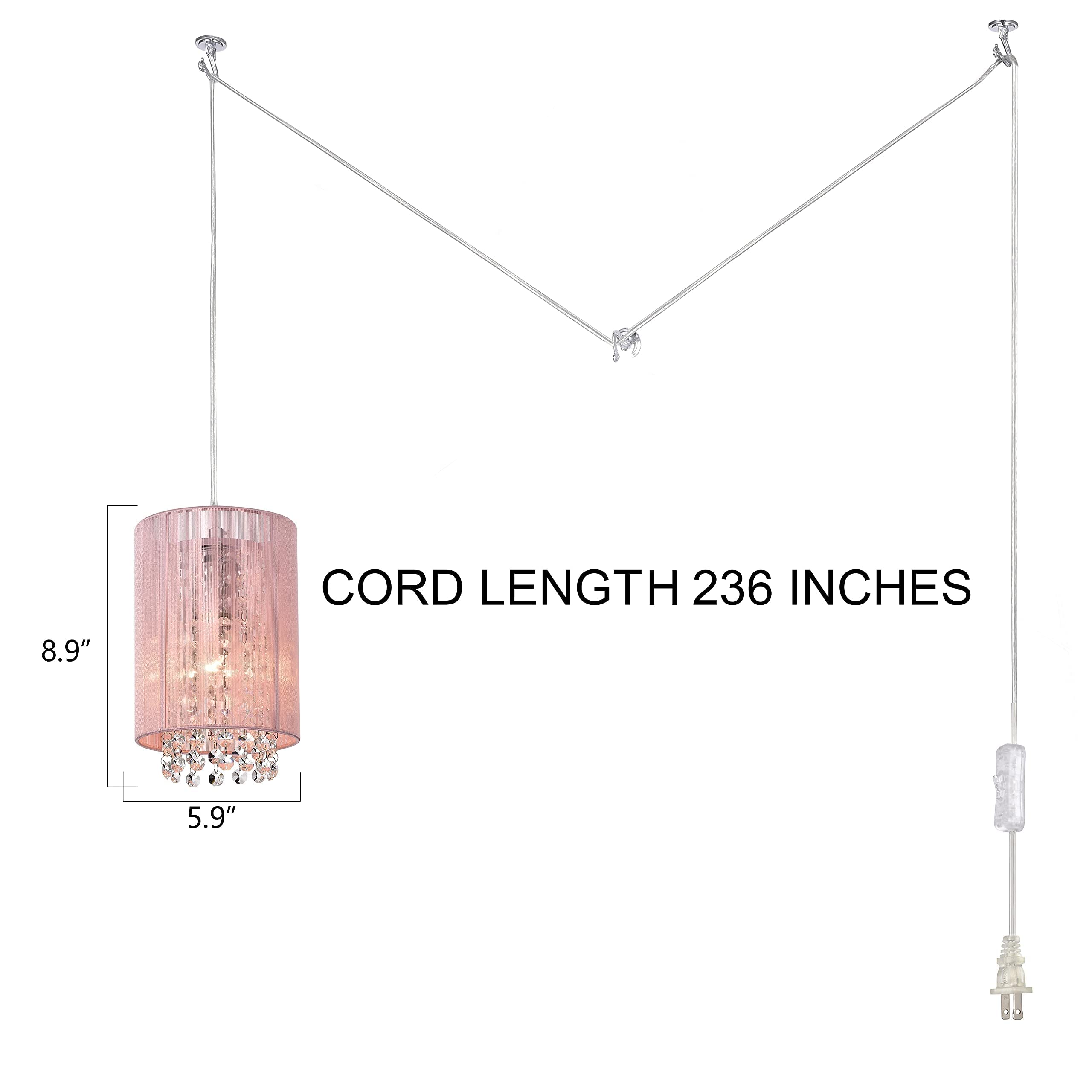 Lalula Pink Hanging Lamp Chandelier - 5.9 Plug-In Light Fixture For Girls Room, Nursery, Vanity, Bathroom, Closet