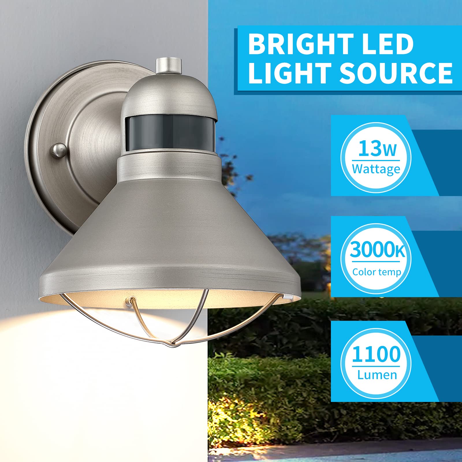 LONEDRUID Motion Sensor LED Wall Sconce - Waterproof Metallic Barn Light for Outdoor Porch, Garage, Entryway