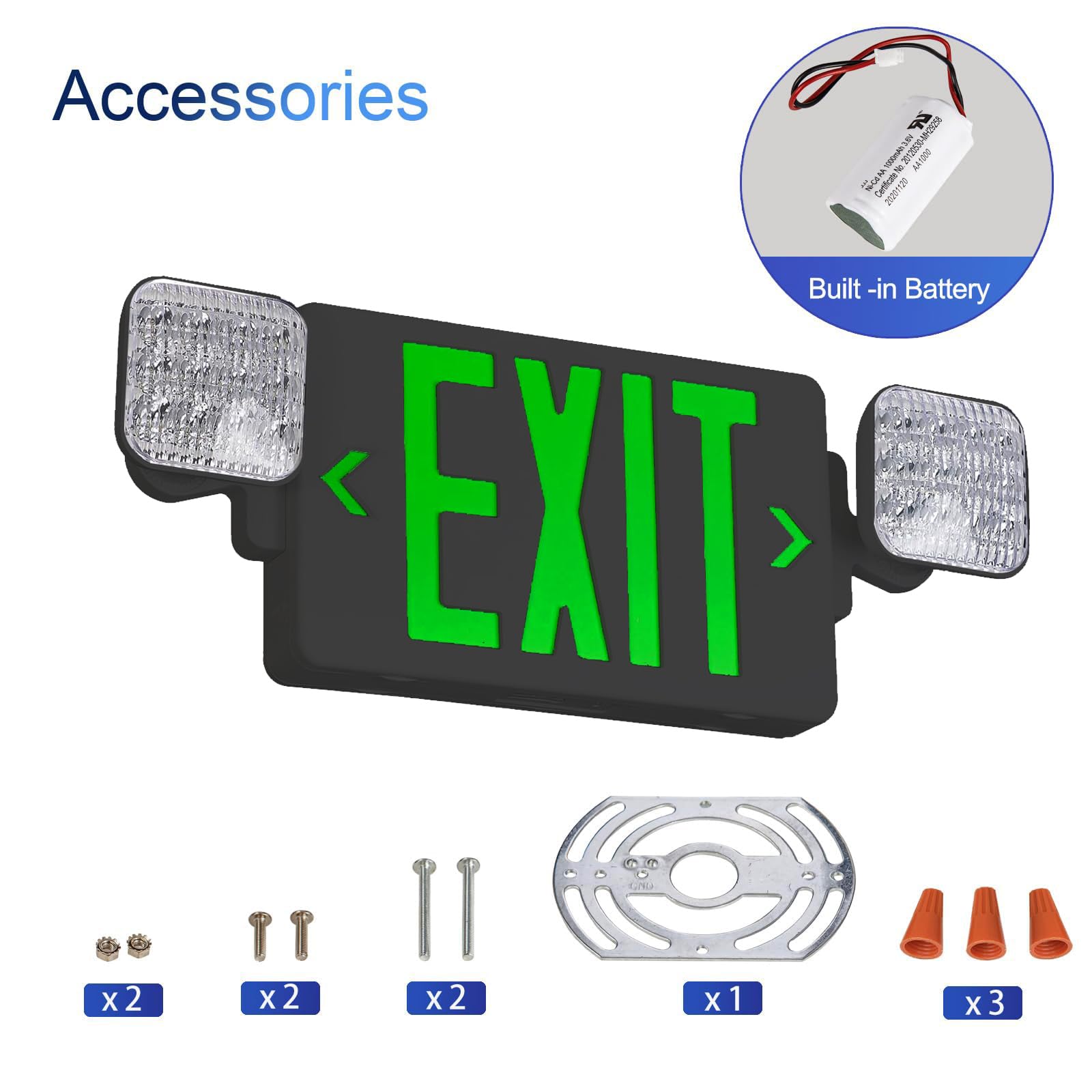 CM MZY Exit Sign Combo with Emergency Light, 4 Pack, Black/Green, UL Certified, Model CM-327GE-S-BK, Battery Backup, AC 120/277V