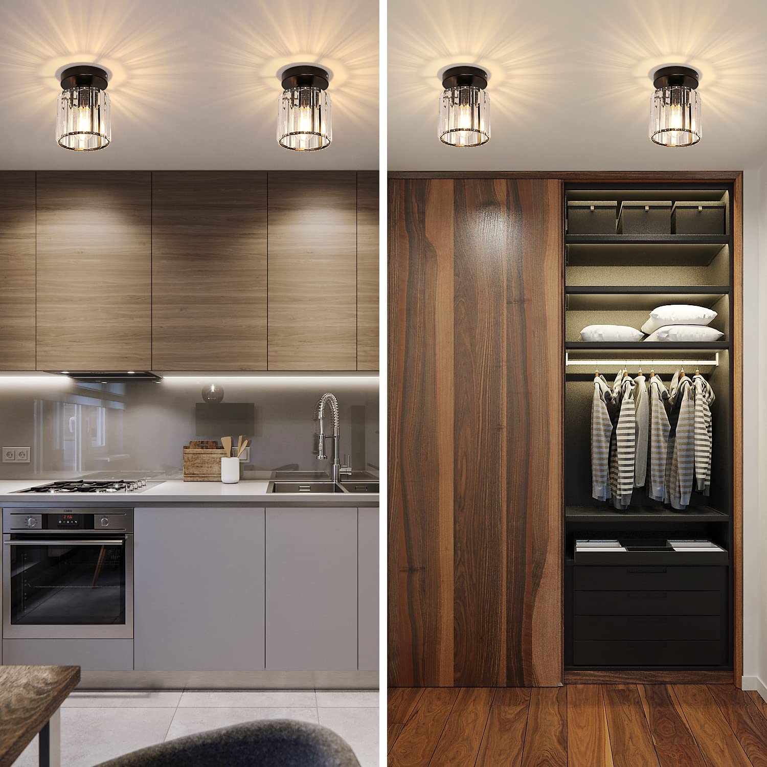 Goeco 2 Pack Crystal Ceiling Light, Modern Industrial Semi Flush Mount Ceiling Light Fixtures, E26 Black Indoor Lighting Fixture