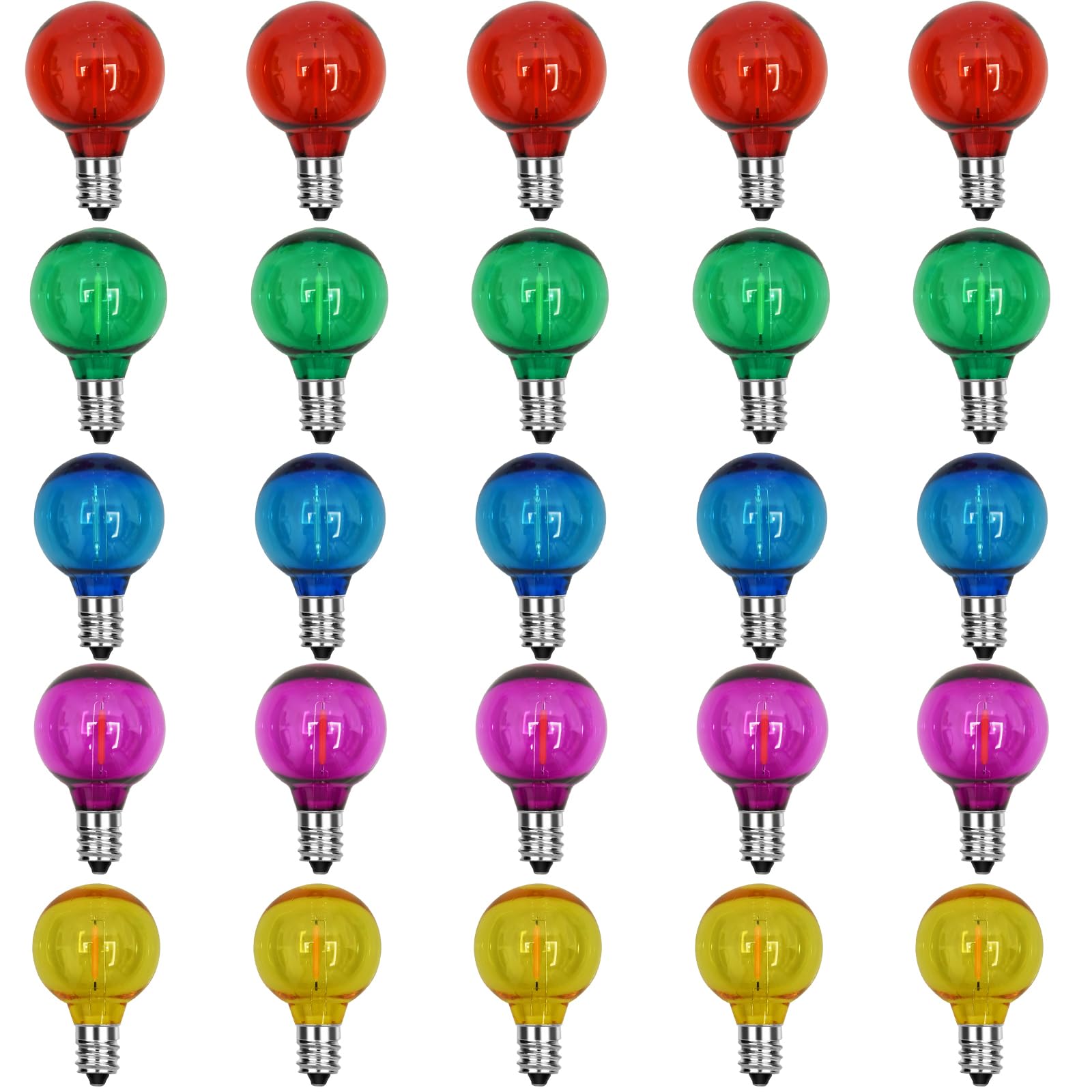 Abeja 25 Pack G40 Multicolor Led Replacement Bulbs, E12/C7 Candelabra Base LED Shatterproof Globe Bulbs for Outdoor Christmas String Lights, 0.6W Energy-Saving Night Light Bulbs, 2700K Warm White