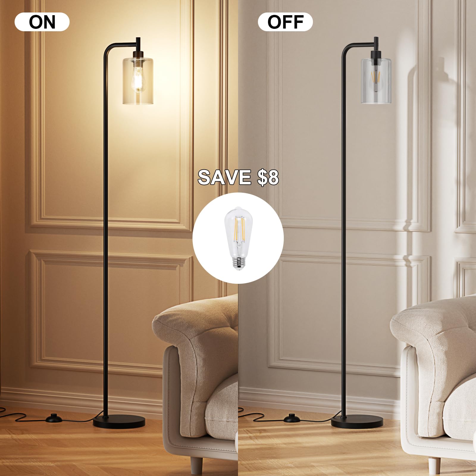 Ziisee Floor Lamps For Living Room - Standing Lamp With Glass Lampshade, Modern Floor Lamp With Led Bulbs, Bright Industrial Floor Lamp For Bedroom, Black Tall Lamp For Office(Light Bulb Included)