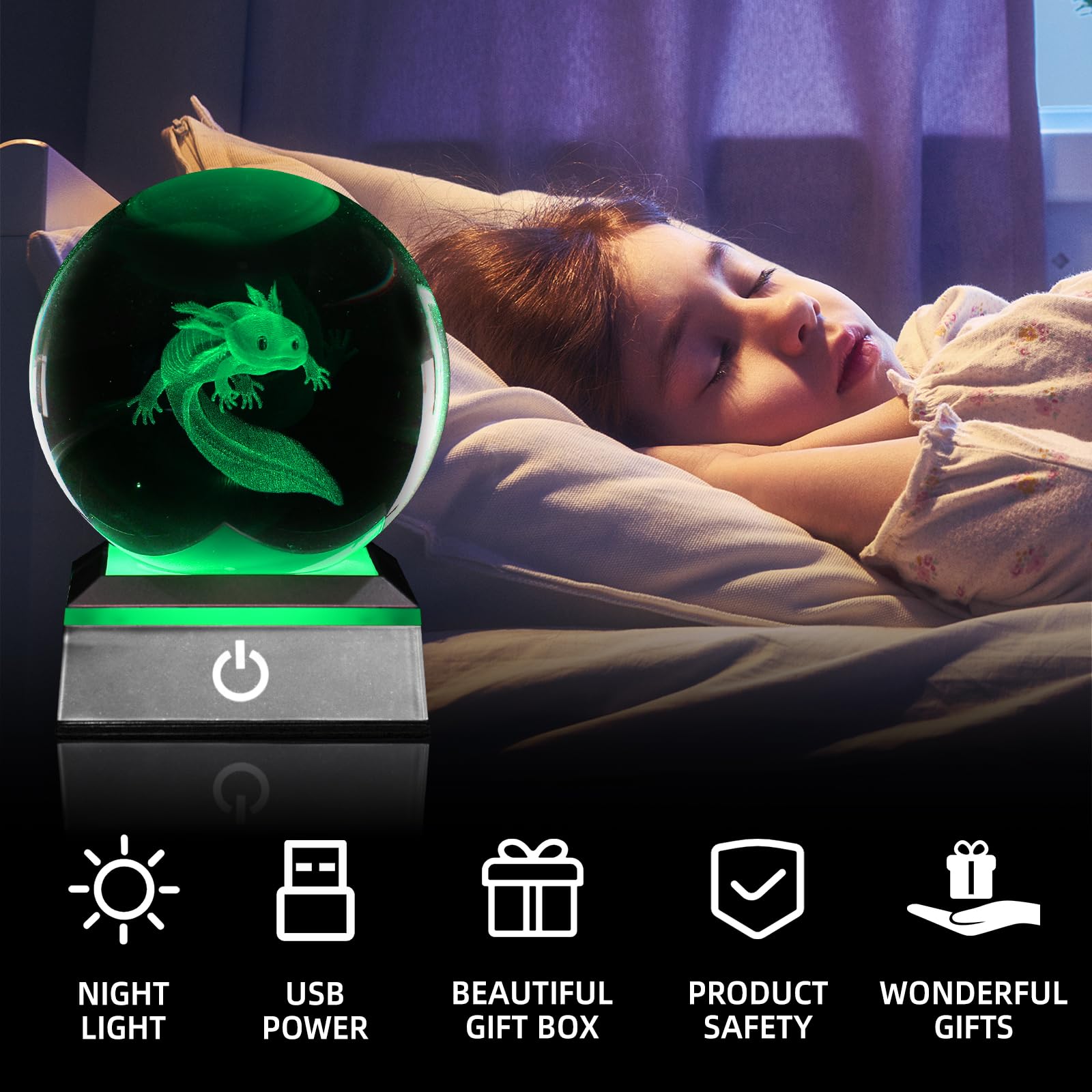 3D Axolotl Crystal Ball Night Light 3.15 Inch Glass Ball Table Lamp With Color Changing Touch Base Axolotl Decor Ideal Gifts For