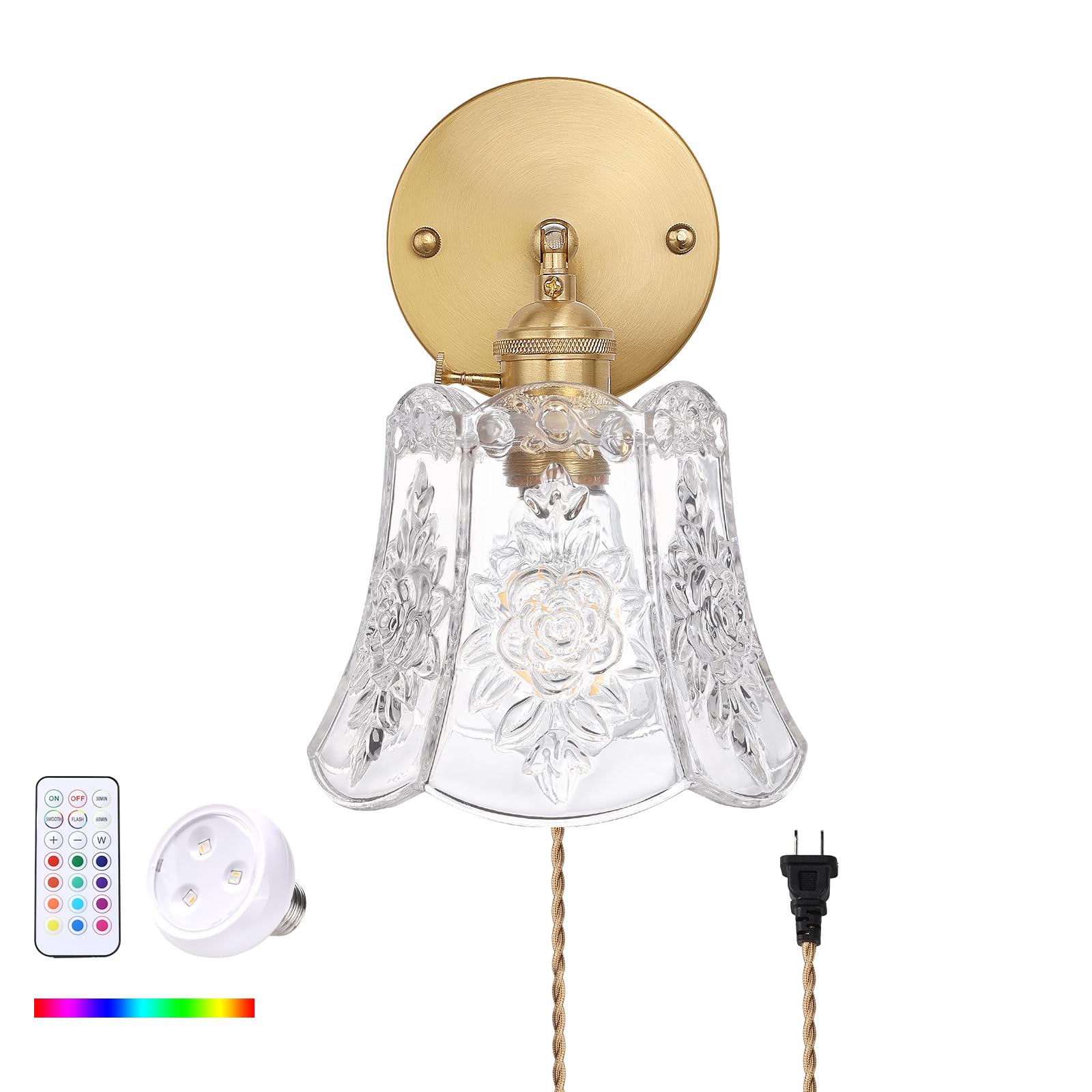 Shenmoyl Vintage Wall Sconce, Battery Operated, RGB Dimmable LED, Remote Control, Transparent Rose, Model 1-94907-sconc