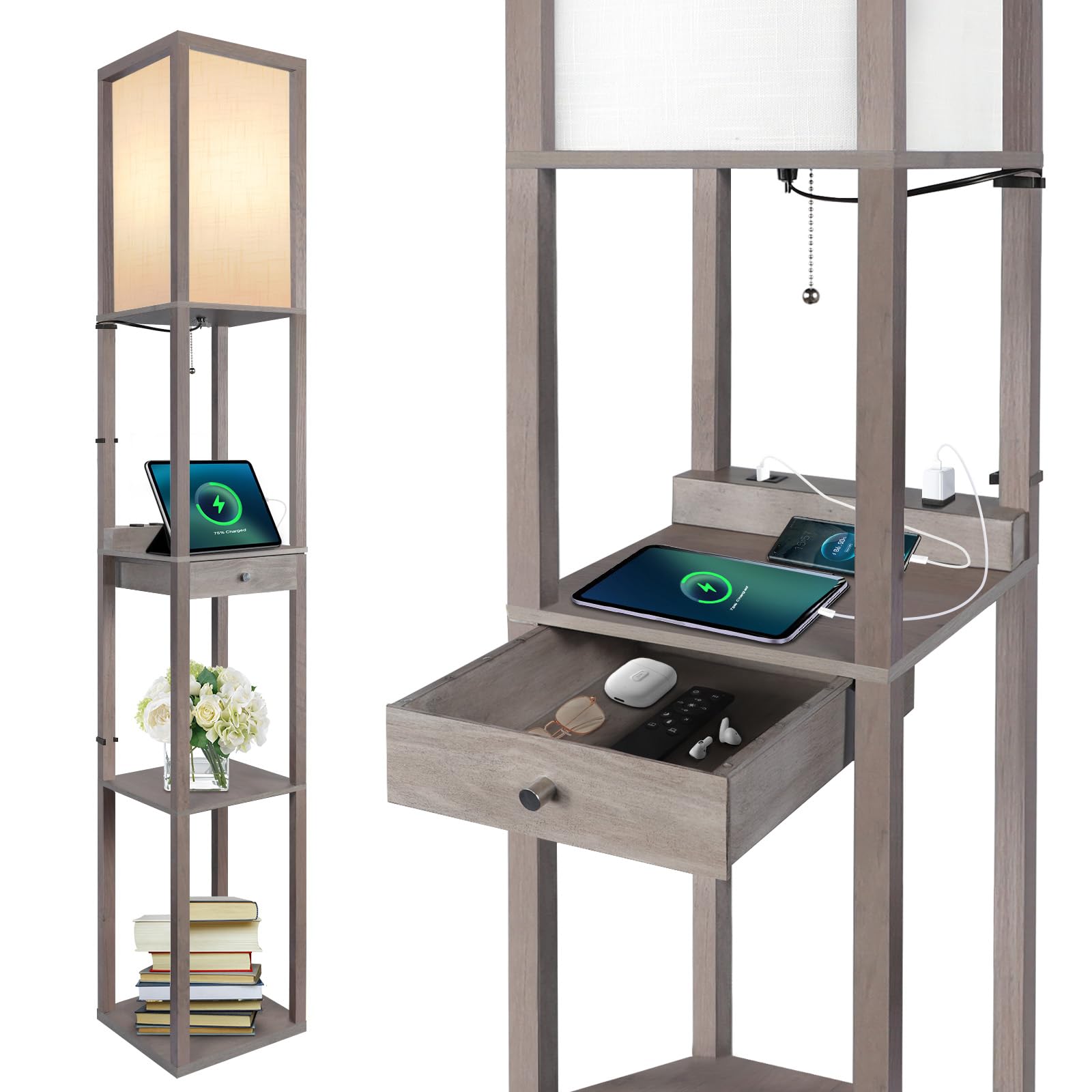 OUTON Deluxe Shelf Floor Lamp with 1 Drawer, 2 USB-C Ports, 2 AC Outlets, LED Modern Floor Lamp with 3 Color Temperature, Storag