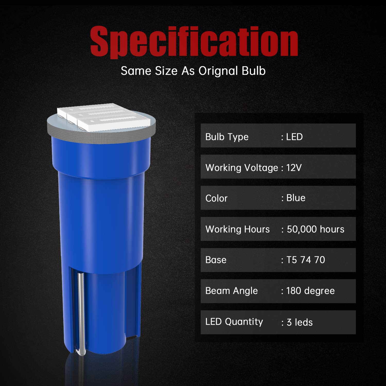 Cciyu 20 Pack Blue T5 Wedge 3-3014 Smd Led 74 37 286 18 Dashboard Gauge Light Bulbs 12V W/Twist Socket