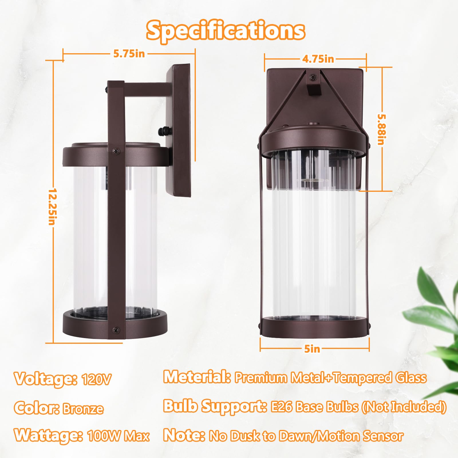 2-Pack Outdoor Wall Lights, Waterproof Light Fixtures Wall Mount With Clear Ribbed Glass, Modern Brown Exterior Wall Sconce Fron