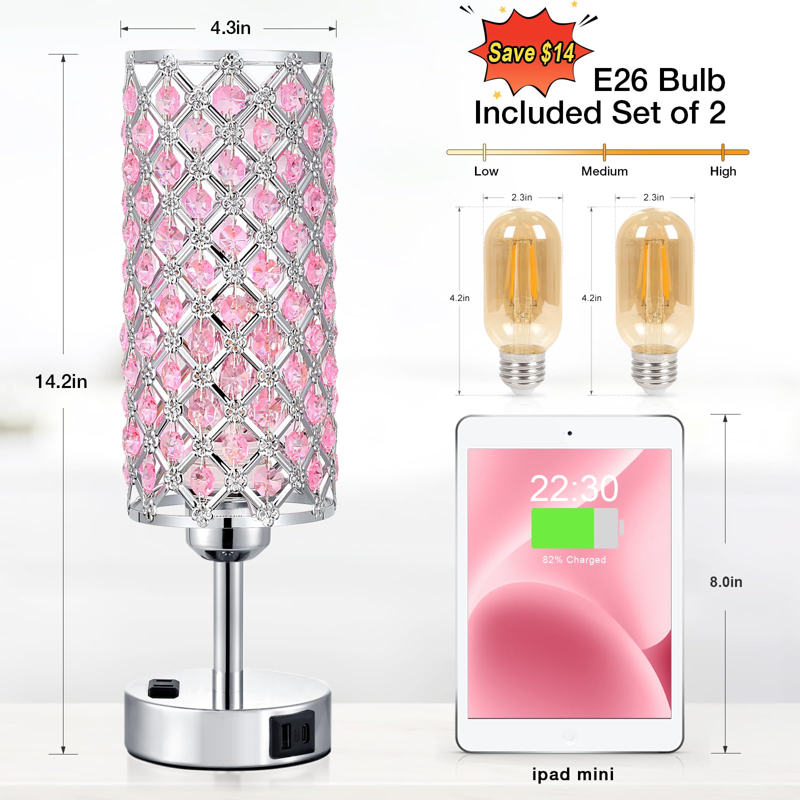 Pink Crystal Lamp Set Of 2, 3 Way Dimmable Touch Lamp For Bedroom With Crystal Shade, Bedside Nightstand Lamps For Living Room B
