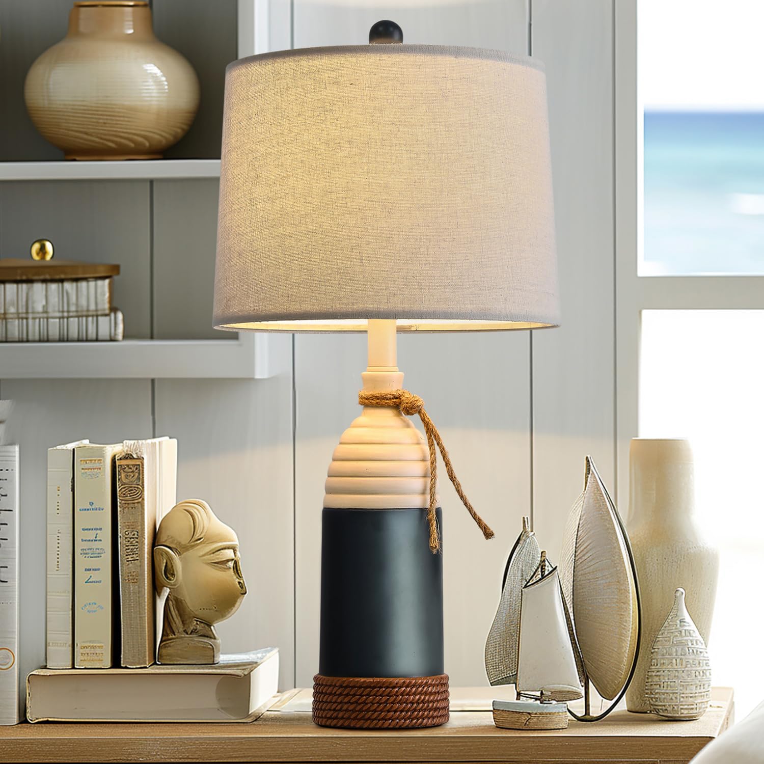Oyears Navy Blue 23.75&quot; Coastal Table Lamp - Modern Farmhouse Nightstand Decor