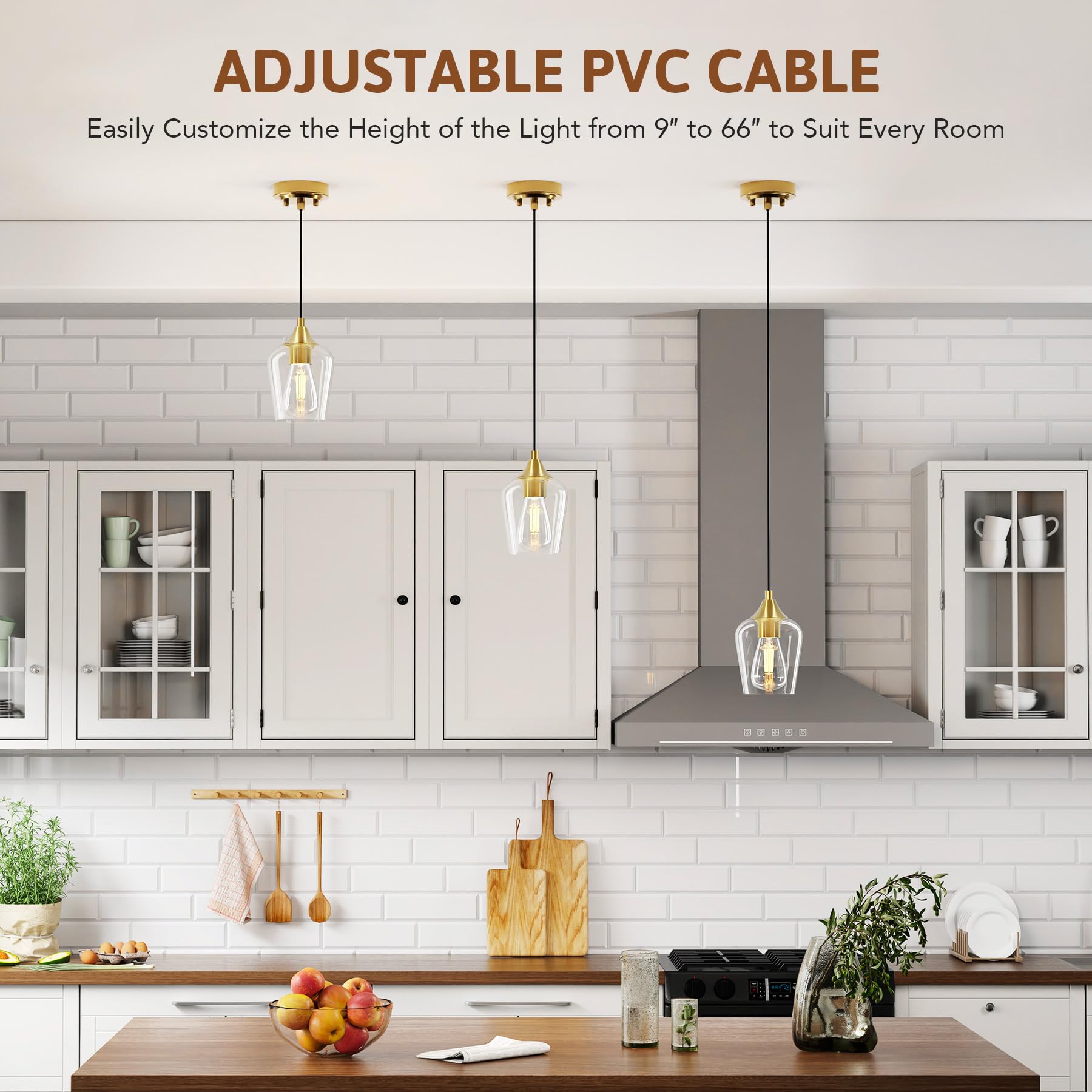 VONLUCE Pendant Light Fixture, Brushed Gold, Adjustable Cable, Glass Shade, E26 Base, Model HCF2805GD, 1 pc