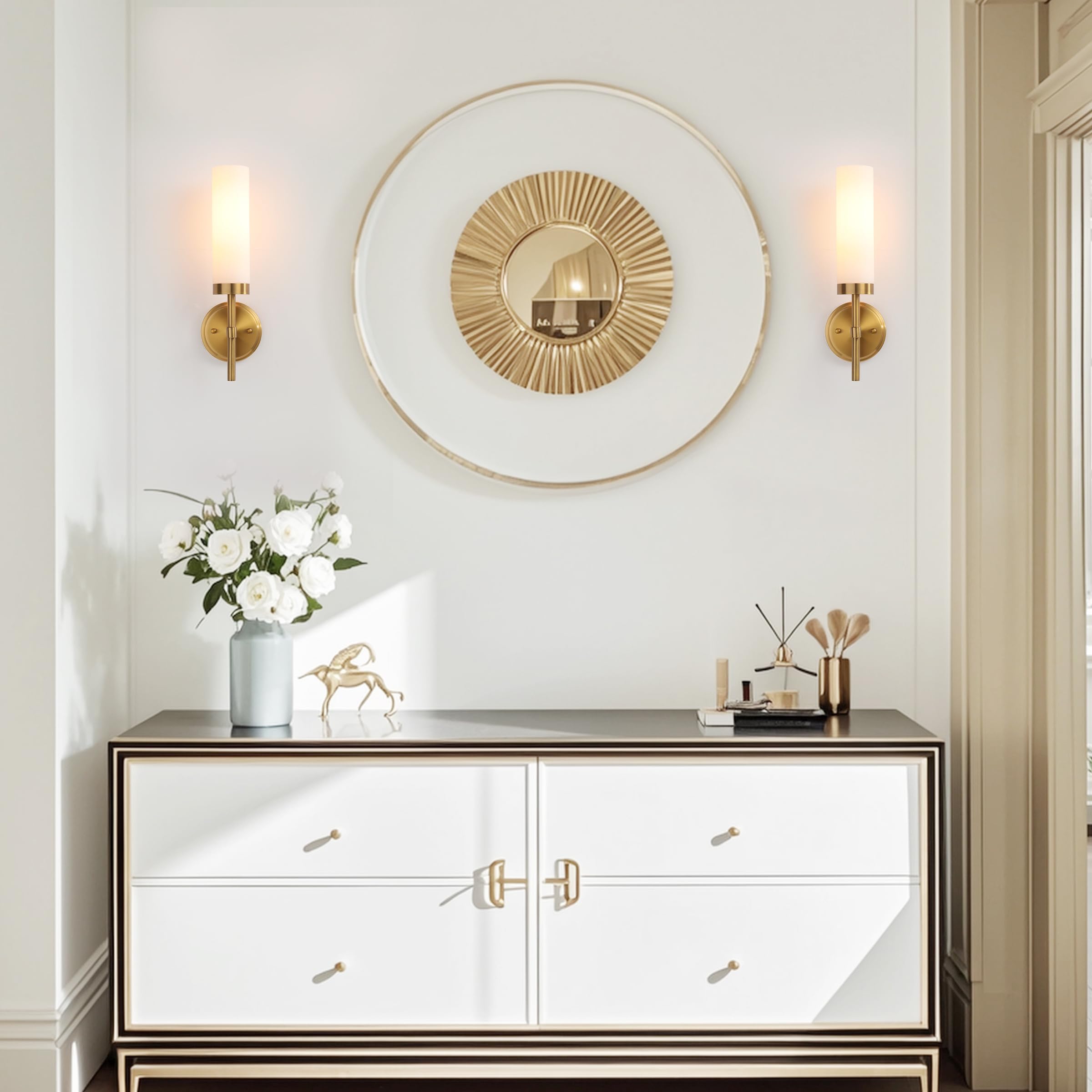 KUZZULL Wall Sconces Set of Two, Brass Gold Iron Fixtures with White Glass for Bathroom, Living Room, Hallway, Bedroom